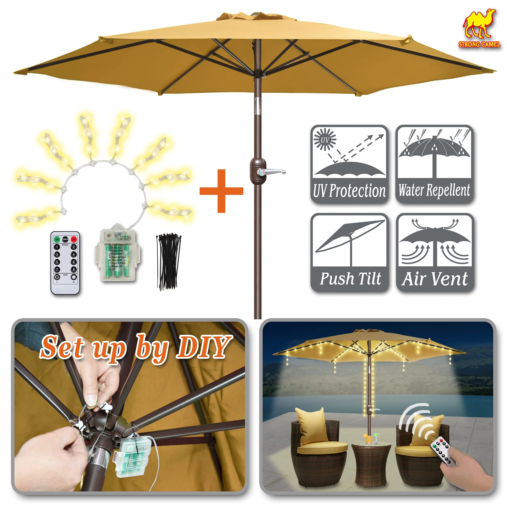 8 ft Outdoor Patio Umbrella with Push Button Tilt & Crank - 104 LED String Lights with Remote (8 Lighting Modes) - Battery Powered Tan Market Umbrella for Poolside, Backyard, Garden & Outdoor Dining