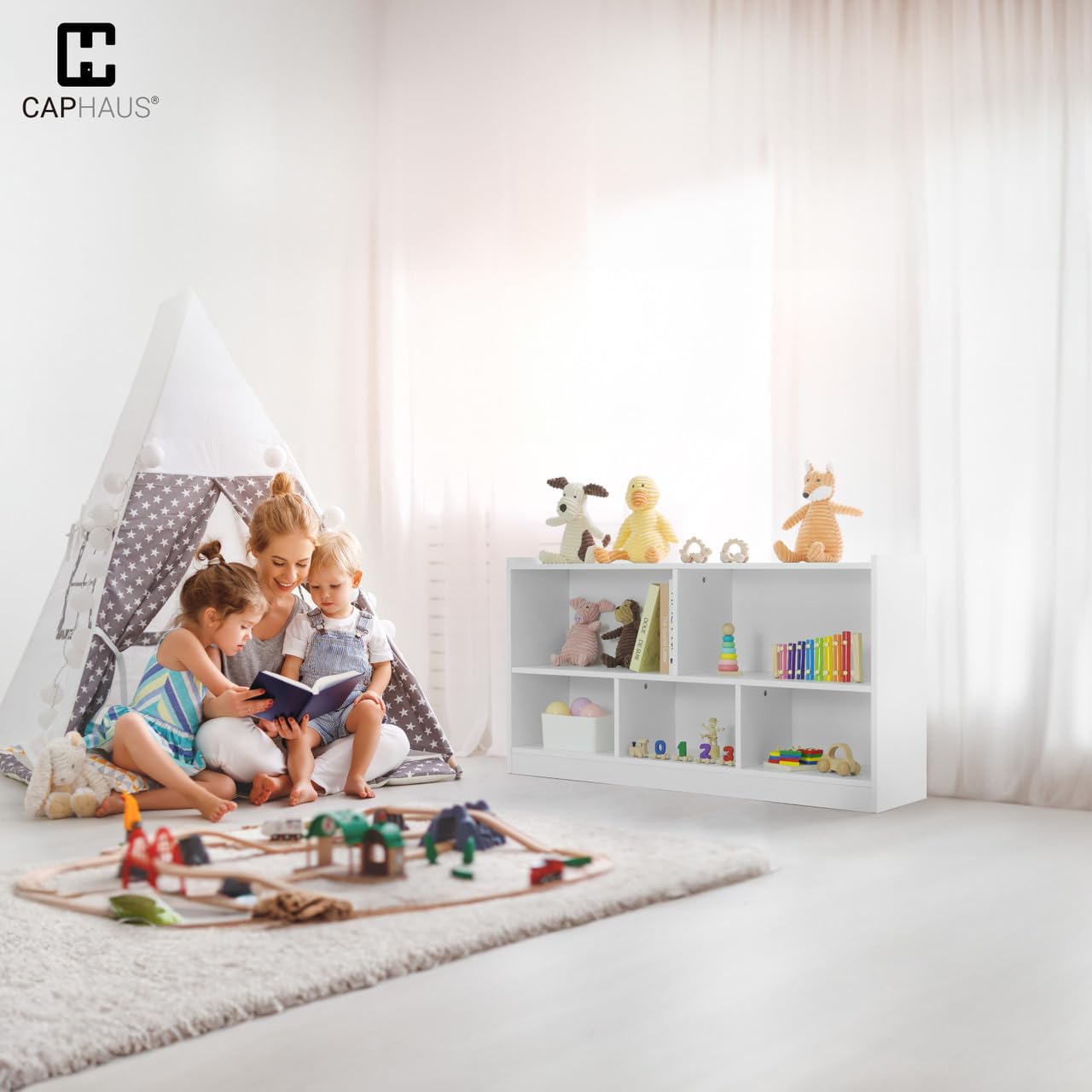 CAPHAUS Kids Toy Storage Organizer with Open Compartments - 44.1”x11.8”x24.2” White Toy Shelf for Books, Toys & Games - Perfect for Classroom, Kindergarten, Playroom, Nursery & Bedroom Organization