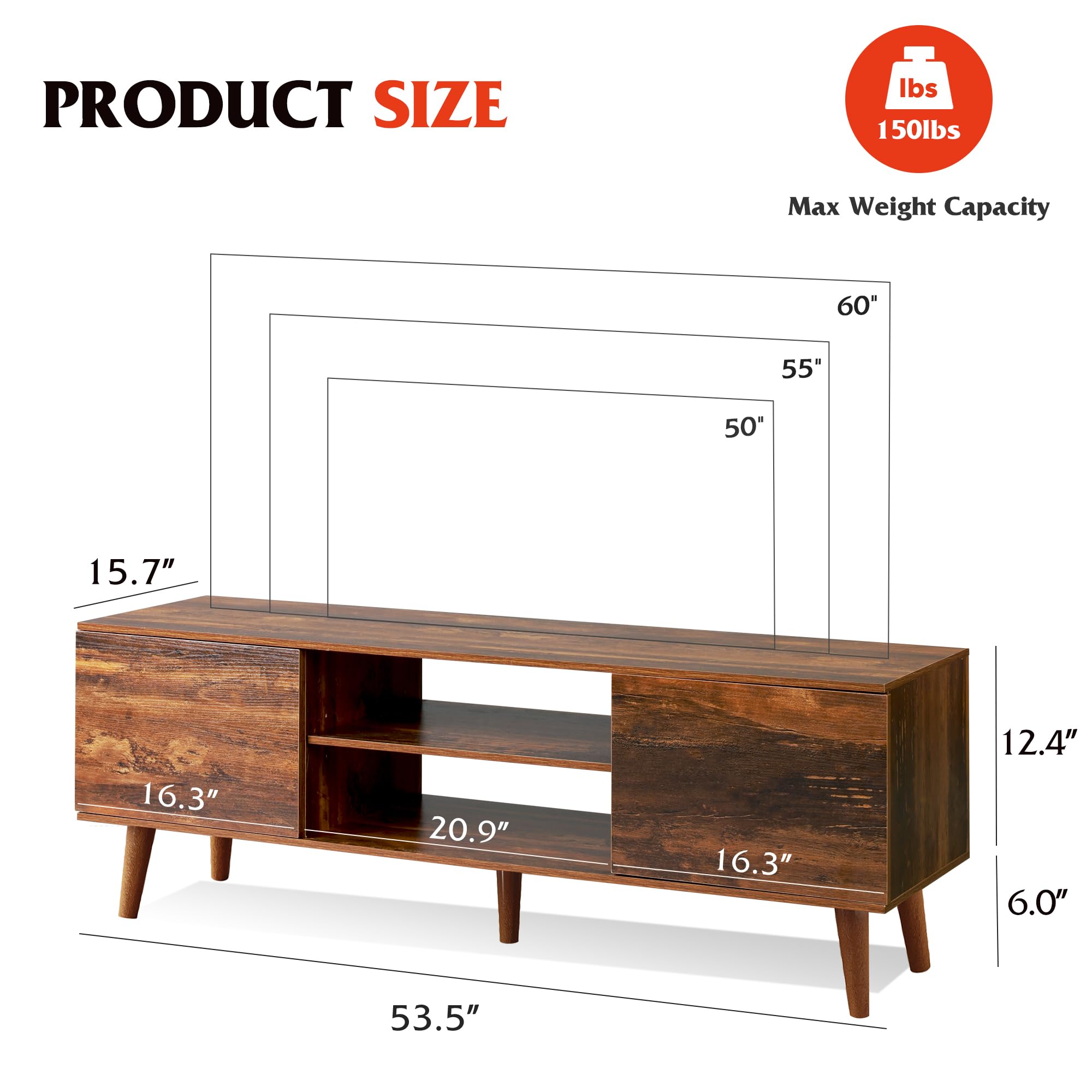 WLIVE Mid Century Modern TV Stand for 55-60 Inch TVs - Retro Brown Entertainment Center with Storage - Perfect for Living Room Home Theater Setup