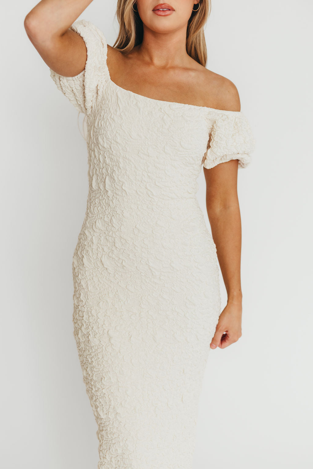 Blakeley Textured Midi Dress in Ivory - Bump Friendly Maternity Dress & Inclusive Sizing (S-3XL) | Perfect for Baby Showers, Bridal Events & Everyday Wear