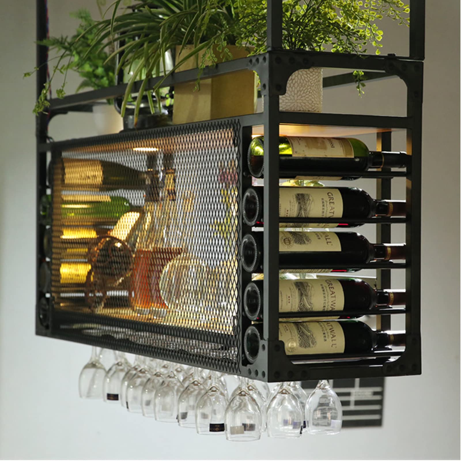 Premium Black Metal Ceiling Wine Glass Rack with Hanging Holder & Shelf - 55.1in Stemware Storage for Bars, Restaurants, Kitchens - Perfect for Wine Cellars, Home Bars & Commercial Establishments