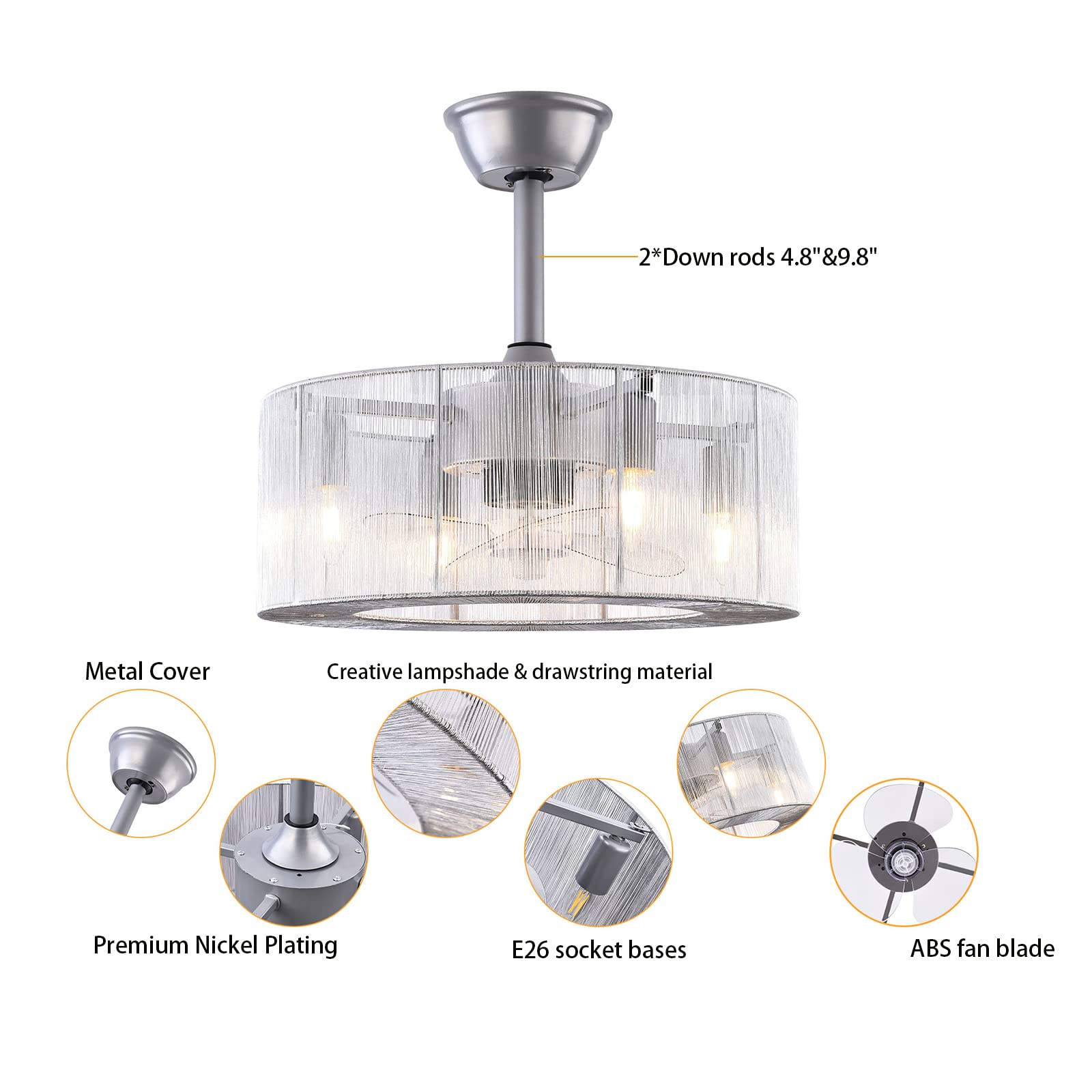 TFCFL 18 Inch Modern Bladeless Ceiling Fan with Remote Control - Low Profile Caged Design, 3 Speed Settings, E26x4 Bulb Base - Perfect for Bedroom, Dining Room & Living Room (Silver) | Energy Efficient Indoor Cooling & Stylish Lighting Solution