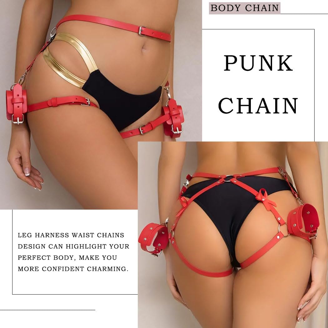 Punk Leather Body Chain for Women - Sexy Body Harness Belt with Leg Chain - Gothic Rave Party & Nightclub Jewelry - Perfect for Halloween, Bachelorette Parties & Festivals (Red)