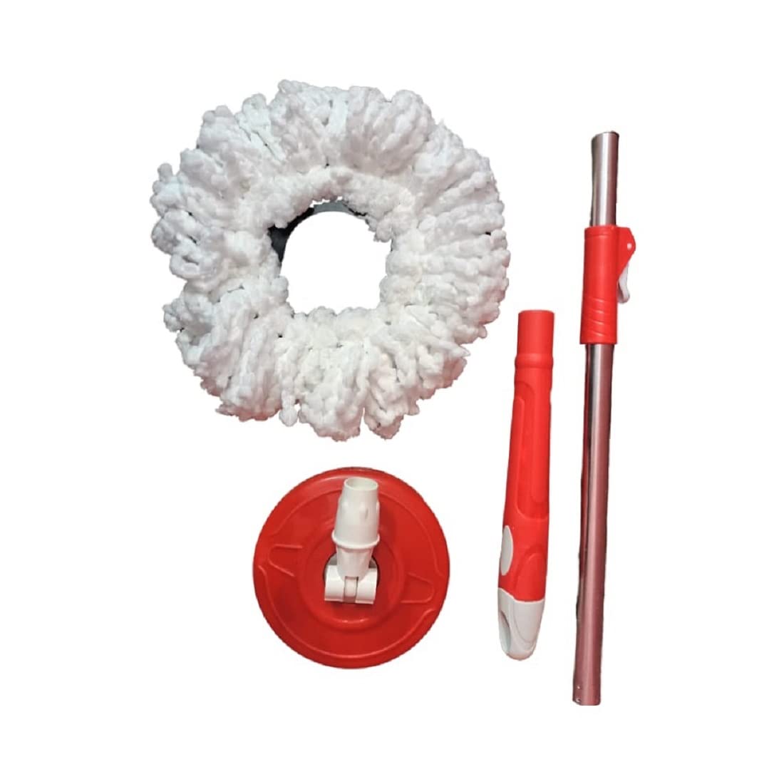 Wavehomy Stainless Steel Clip Lock Mop Rod with Rotating Spin Mop Head Refill - Durable Cleaning Tool for Floors, Tiles & Hardwood (Red) - Perfect for Kitchen, Bathroom & Household Cleaning