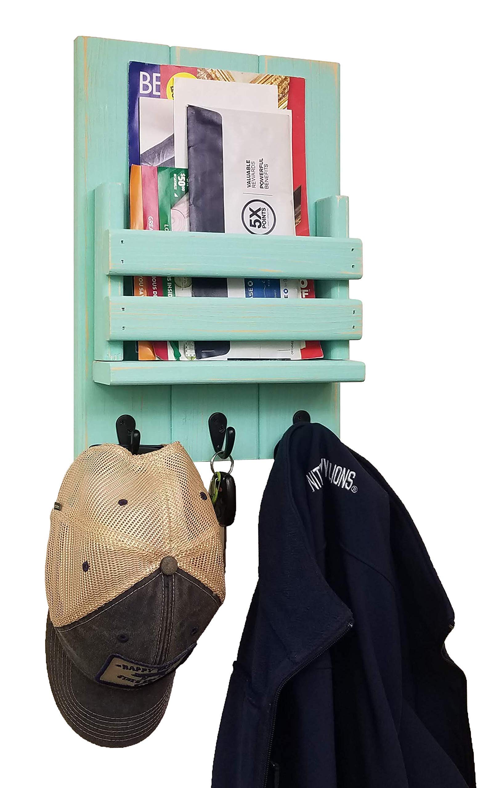 Sydney Slat Front Wall Mail Holder with Hooks - 20 Color Options (Sea Blue Shown) - Durable Mail Organizer & Key Holder for Home, Office, or Entryway Organization