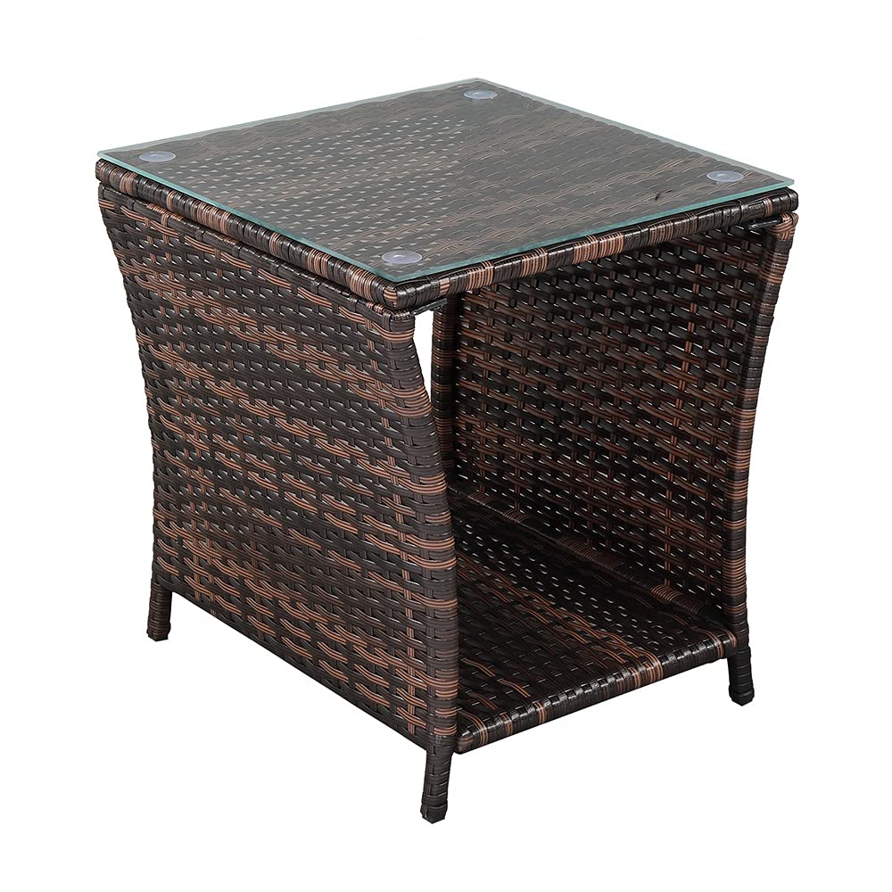 Brown Gradient Glass Top Rattan Side Table with Iron Frame - Stylish End Table for Living Room, Bedroom, or Patio Decor