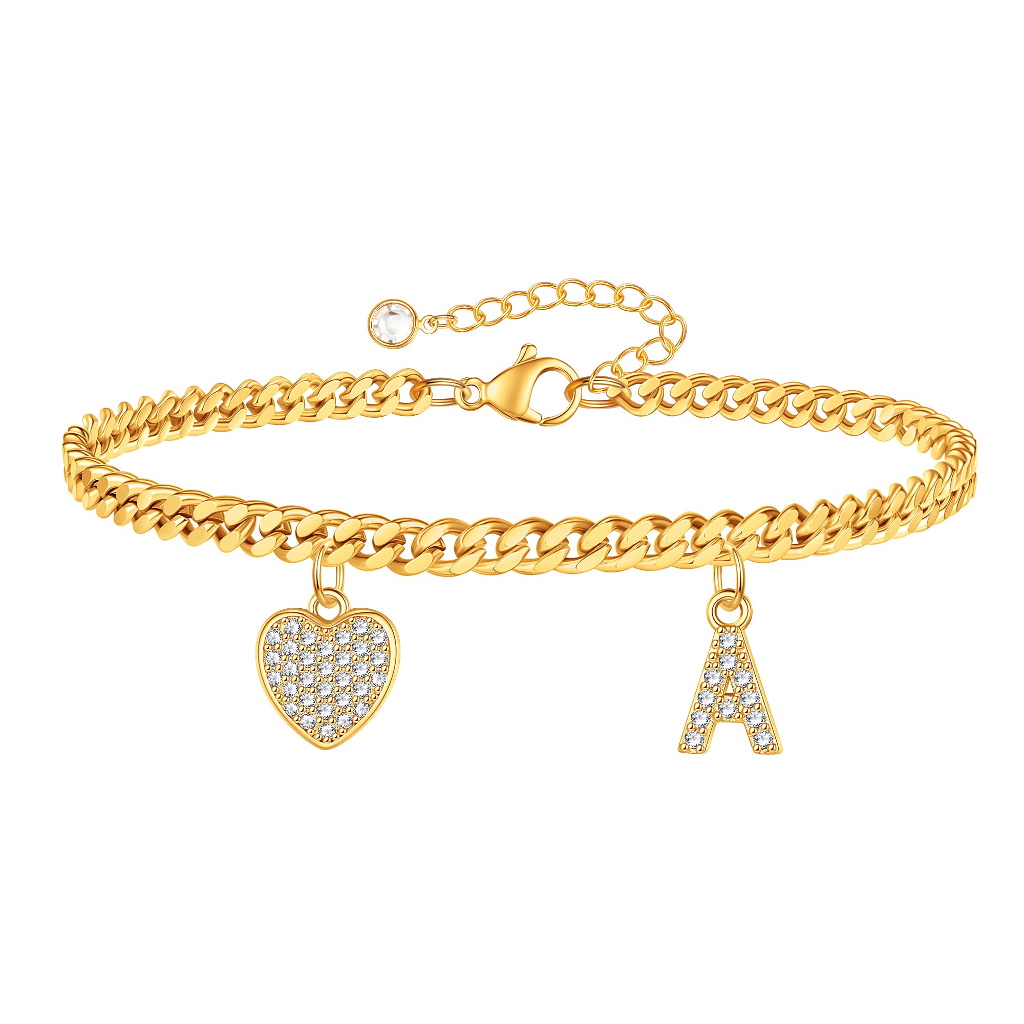 14K Gold Plated Heart Ankle Bracelet for Women - Personalized Initial Charm Cuban Link Chain Anklet - Perfect for Valentine's Day, Anniversary Gifts & Beach Vacation Jewelry