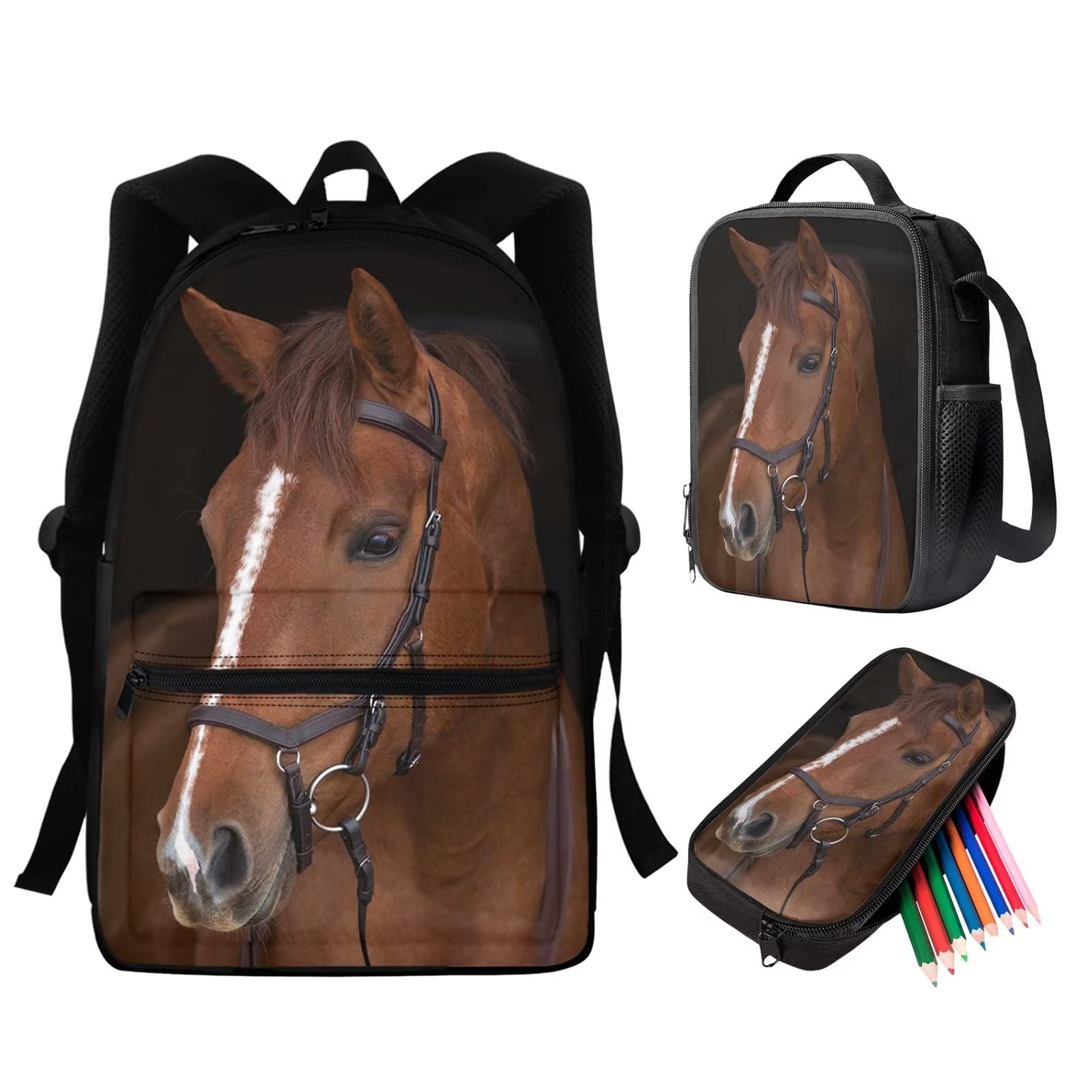 WELLFLYHOM 3-Piece Horse Themed Backpack Set for Boys - School Bag, Lunch Box & Pencil Case - Durable Bookbag for Elementary & Middle School Students - Perfect for School, Travel & Daily Use