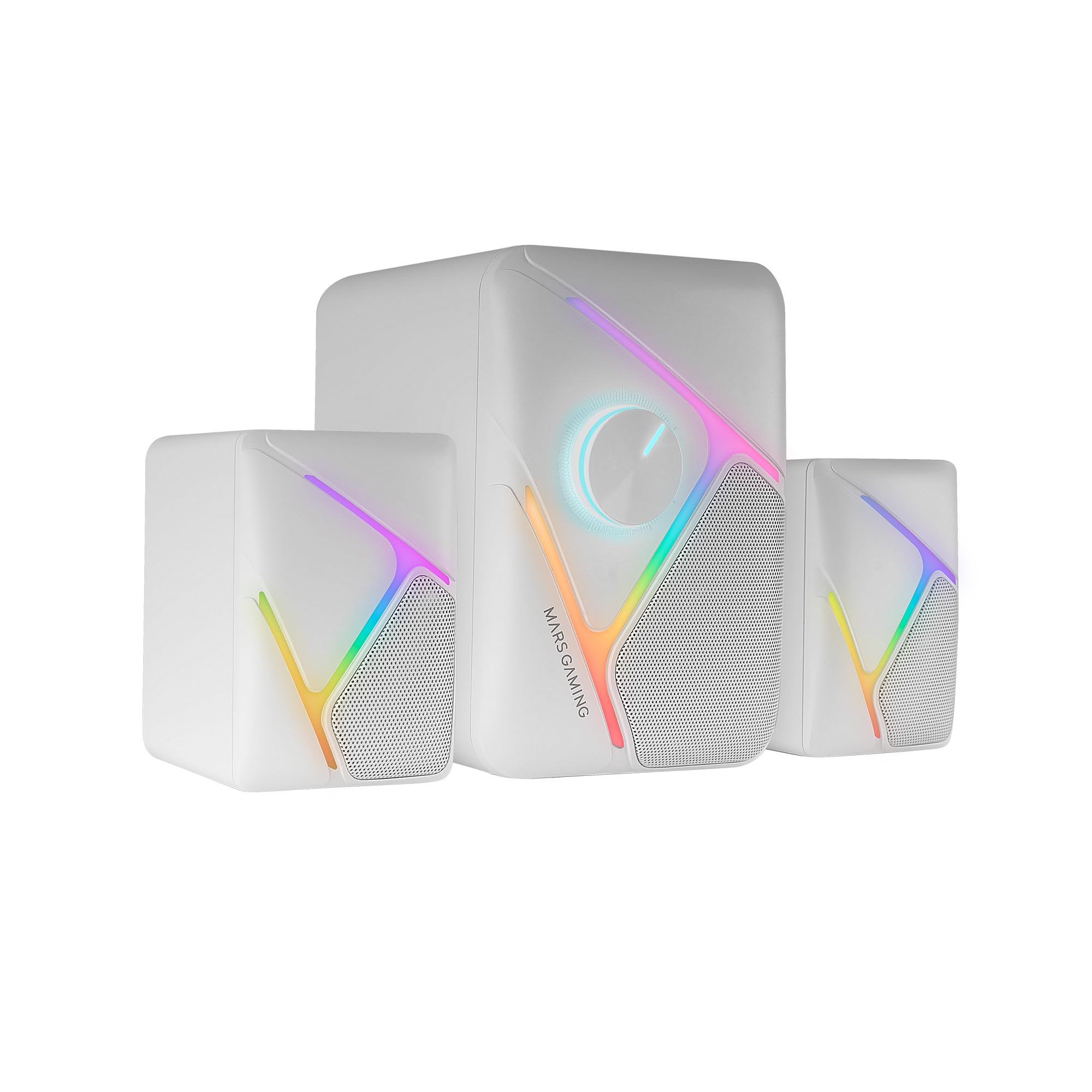 Mars Gaming MS-H21 RGB 2.1 Gaming Speaker System with Subwoofer - 35W Power, Inverted 3D Surround Sound, Compact Design with Dynamic RGB Lighting - USB Powered & 3.5mm Jack - White - Perfect for PC Gaming Setup, Home Theater, and Music Listening