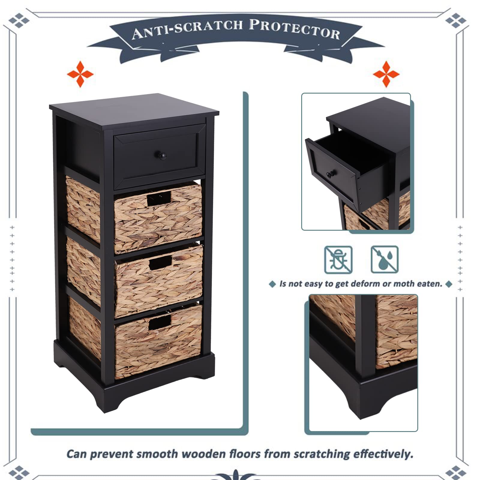 PHI VILLA Farmhouse Style Narrow Storage Cabinet with Rattan Baskets & Drawer - Small Space Organizer for Bathroom, Entryway, Bedroom - Black Accent End Table with Shelves | Perfect for Home Decor, Apartment Living & Dorm Rooms | Organize Towels, Shoes, Books & Essentials | Space-Saving Solution for Compact Areas & Cozy Spaces