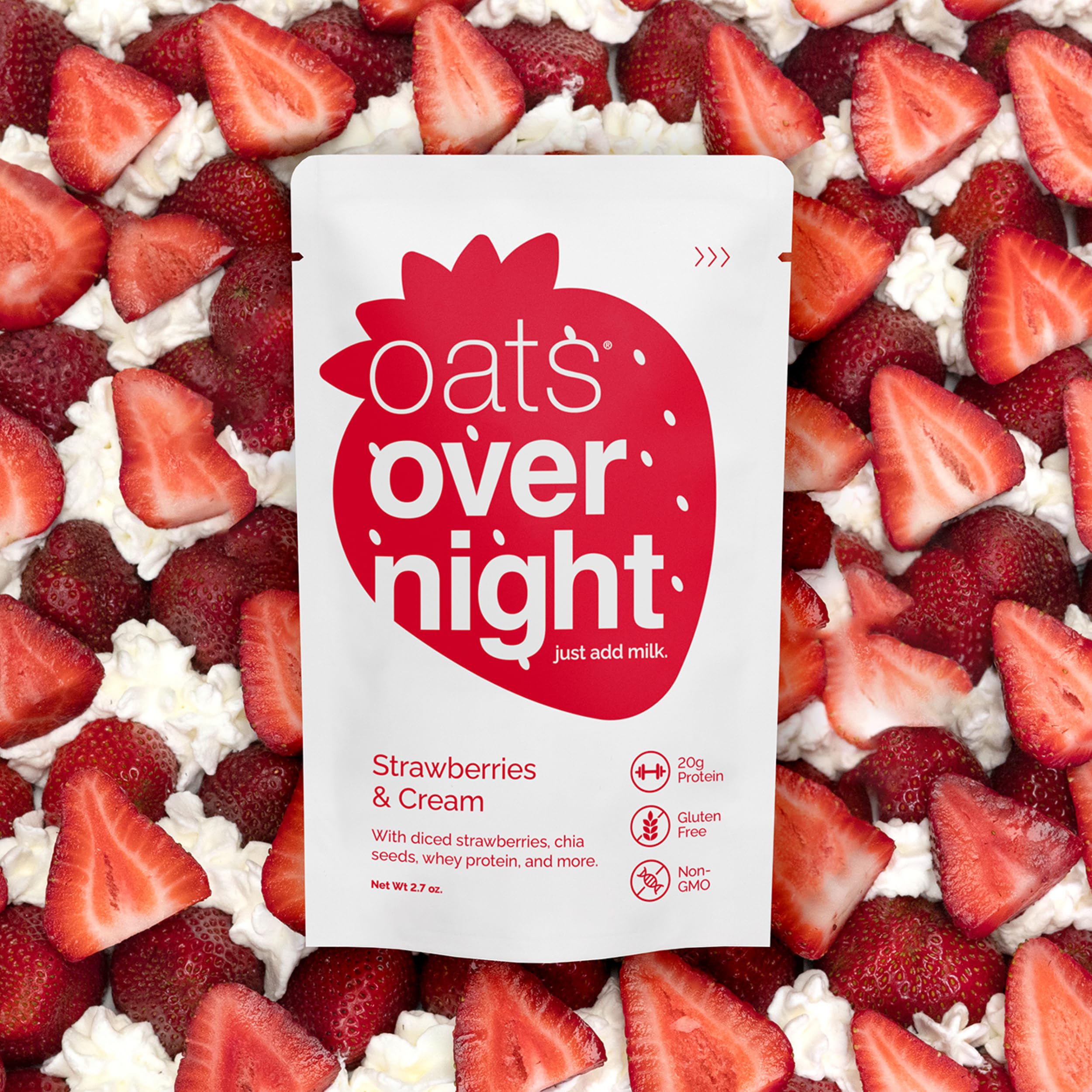 Oats Overnight Strawberries & Cream Protein Shake - 24 Pack with 20g Protein & High Fiber | Gluten Free, Non-GMO Oatmeal Breakfast (2.7oz per Meal) - Perfect for Busy Mornings, Post-Workout Recovery & On-the-Go Nutrition