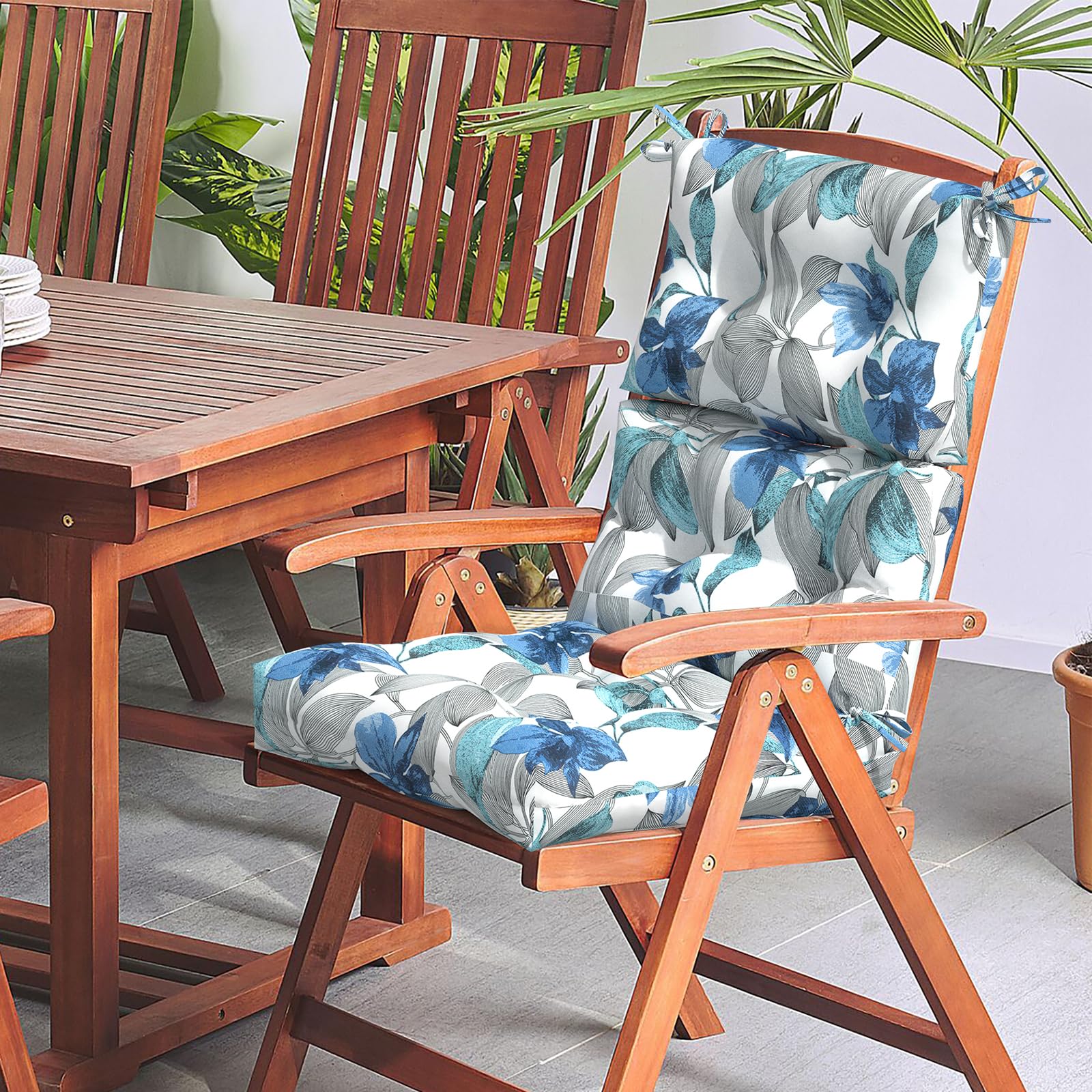 LVTXIII Outdoor Tufted High Back Cushions Set of 2 - Patio Rocking Chair Replacement Cushions with Ties, Solid Seat & Back Support (44”L x 22”W, Clemens Noir Blue) - Perfect for Porch, Garden & Outdoor Relaxation