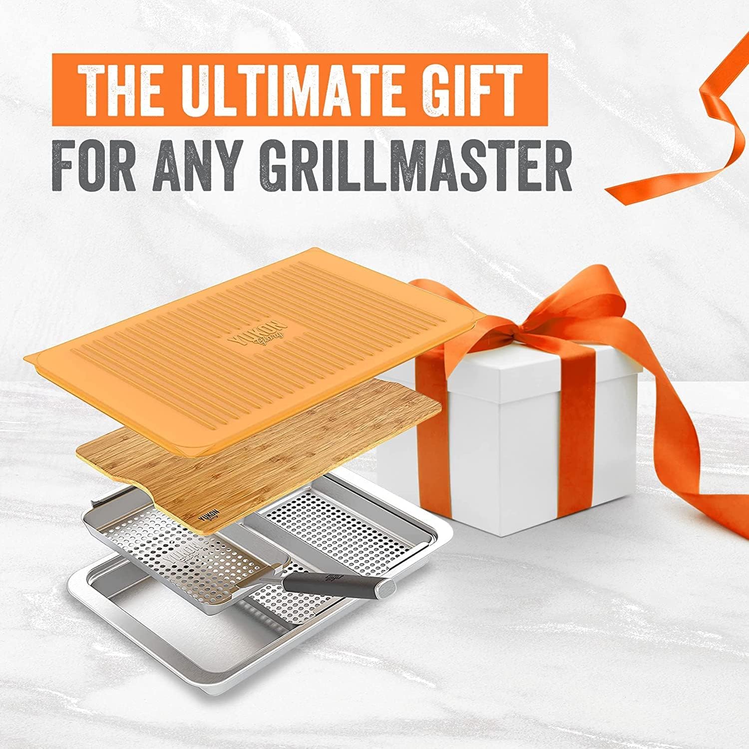 Yukon Glory™ Premium BBQ Grill Set - 3 Grill Baskets, Serving Tray, Bamboo Cutting Board with Plastic Lid & Clip-on Handle - Perfect for Outdoor Cooking, Camping, Backyard Parties & Picnics