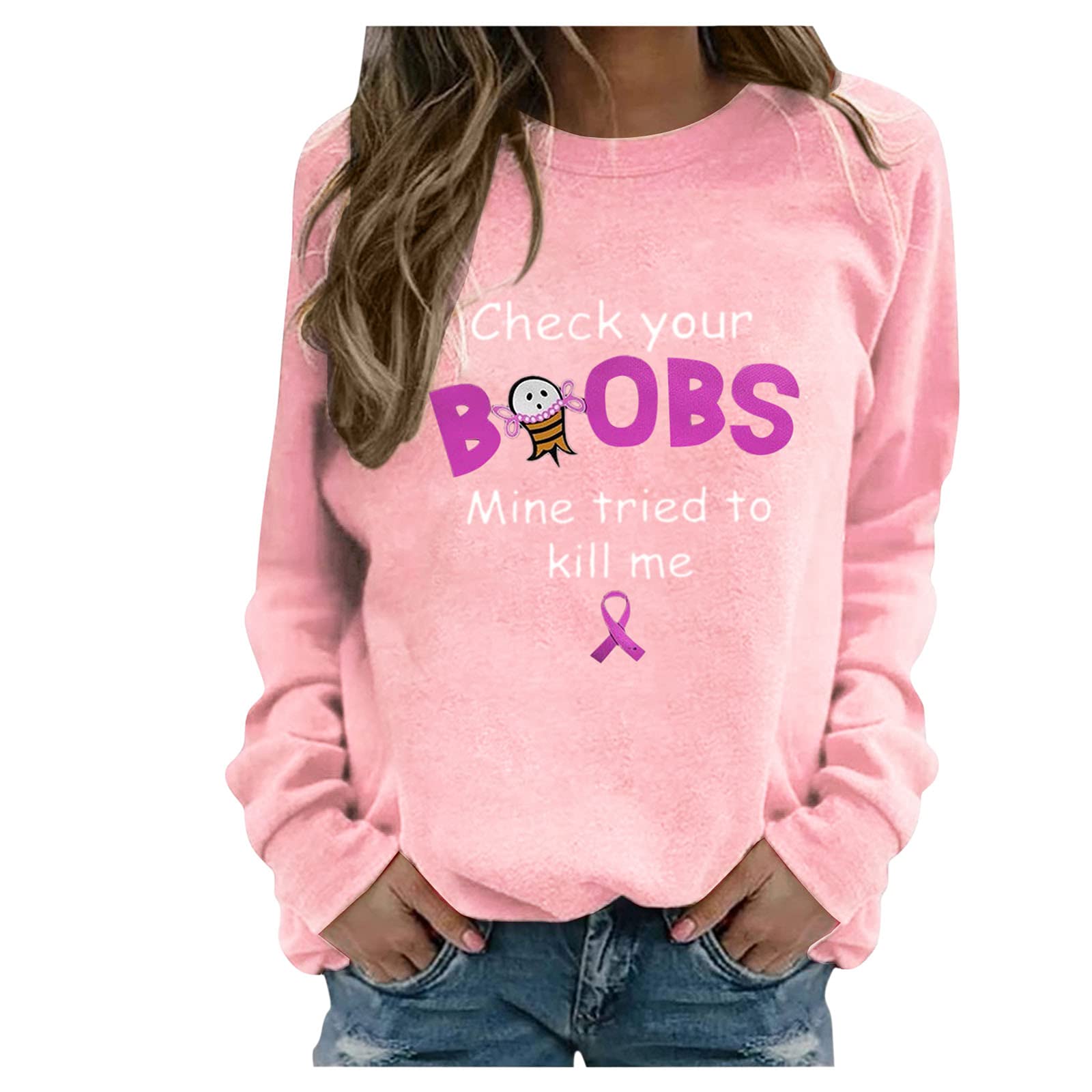 Women's Breast Cancer Awareness Long Sleeve Crewneck Sweatshirt - Cute Pink Ribbon Print Pullover Top for Support, Fundraising & Everyday Wear