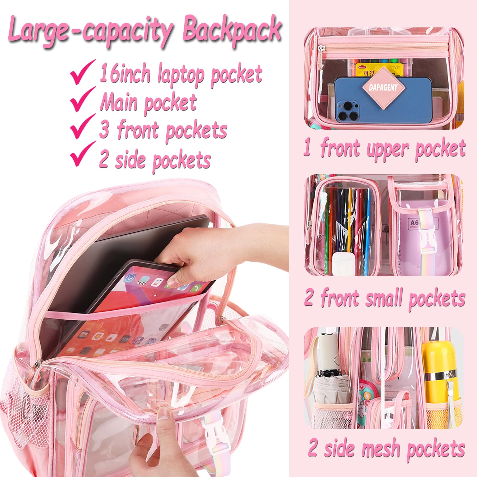 Clear Backpack for Women & Kids - Transparent School Bookbag with Heavy Duty Design | Stadium Approved Backpack for School, Work, Travel & Security Checkpoints