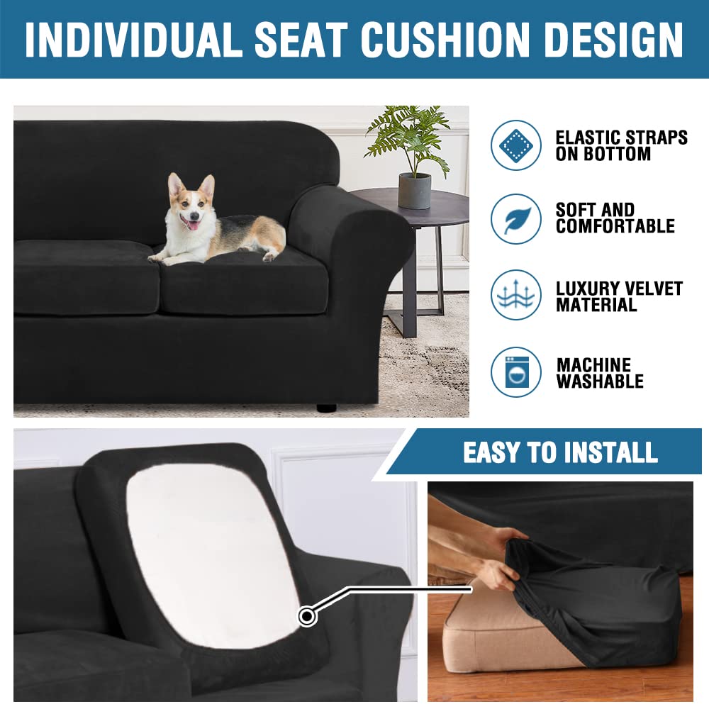 H.VERSAILTEX Modern Velvet 4-Piece Stretch Sofa Slipcover - Form-Fitting Furniture Protector for 3-Seater Couches up to 90