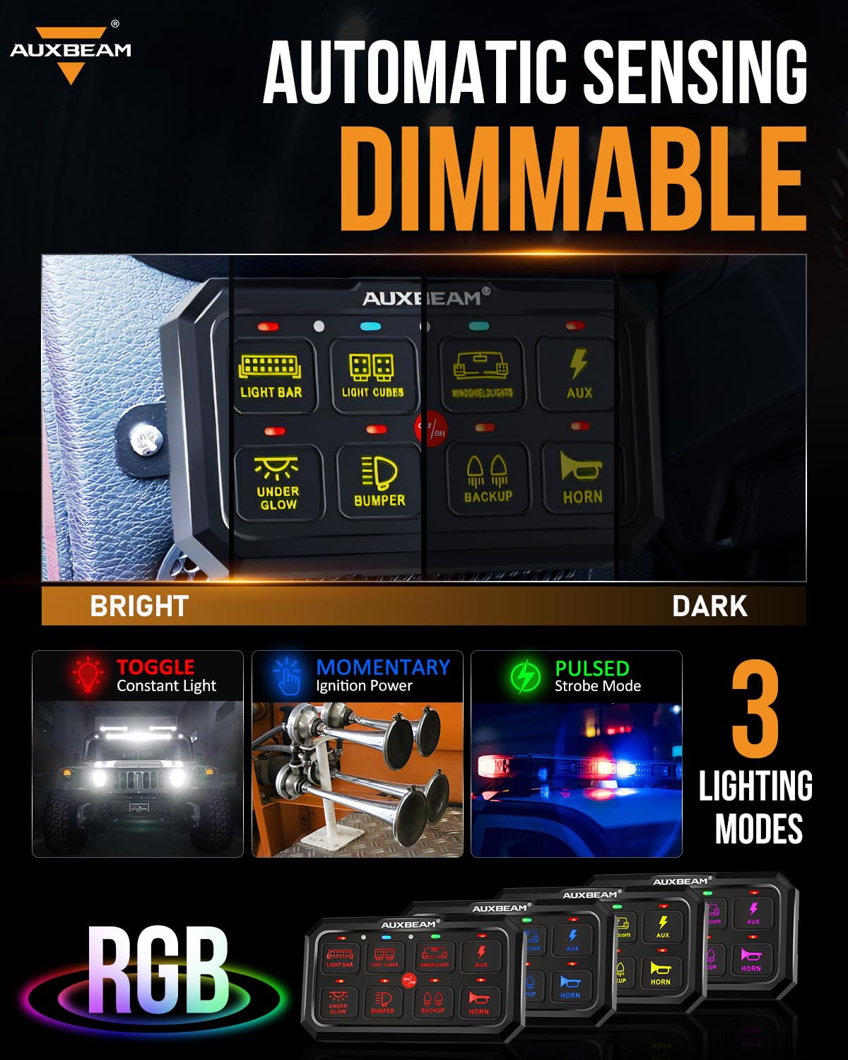 Auxbeam 8 Gang RGB Switch Panel 5 Inch Large - 12V Toggle Momentary Pulsed Control Panel for Car, Truck, SUV, RV, Camper Van | Offroad Accessories with 2 Year Warranty | Perfect for Interior Lighting, Audio Systems & Offroad Vehicle Customization