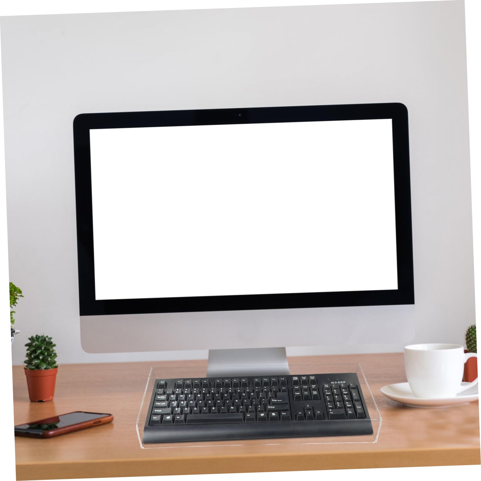 Clear Acrylic Monitor Stand Riser with Keyboard Cover Protector - 490x203x60mm Anti-Cat Desktop Organizer for Home & Office Workspace - Perfect for Ergonomic Computer Setup and Pet-Friendly Workspaces