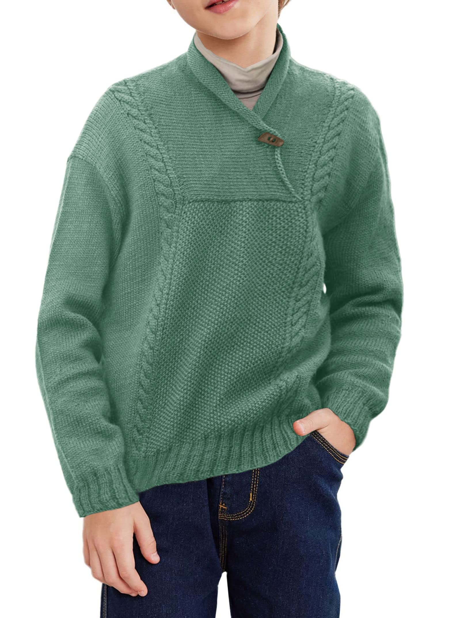 Boys Cable Knit Sweater Long Sleeve Pullover Shawl Collar Jumper Top for Fall & Winter | Warm Casual Outfit for School, Playdates, and Holiday Gatherings