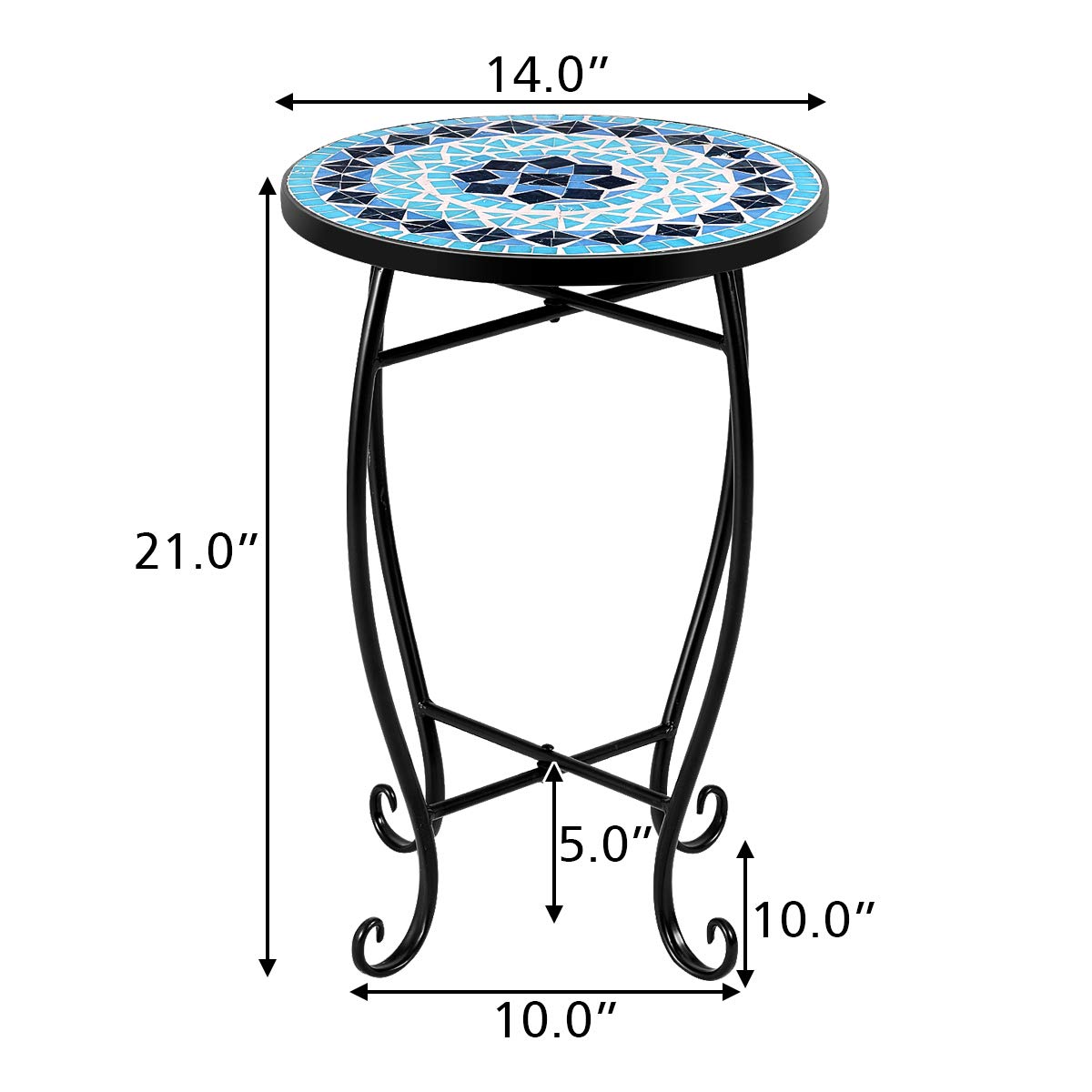 RELAX4LIFE 14 Inch Round Mosaic Side Table with Tempered Glass Top & Sturdy Steel Frame - Outdoor End Table for Patio, Lawn, Garden, Balcony & Home Decor (Blue) | Perfect for Poolside Lounging, BBQ Parties & Small Space Living