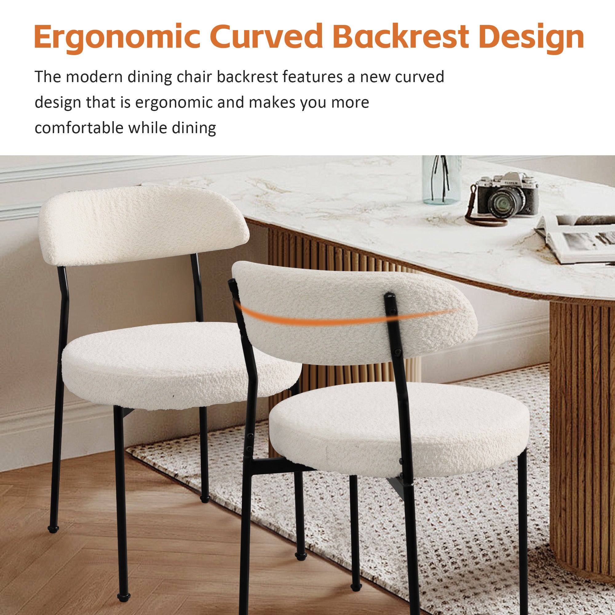 Boucle Upholstered Dining Chairs Set of 4 - Curved Backrest & Metal Legs, Beige Modern Kitchen Chairs for Dining Room, Restaurant, or Cafe