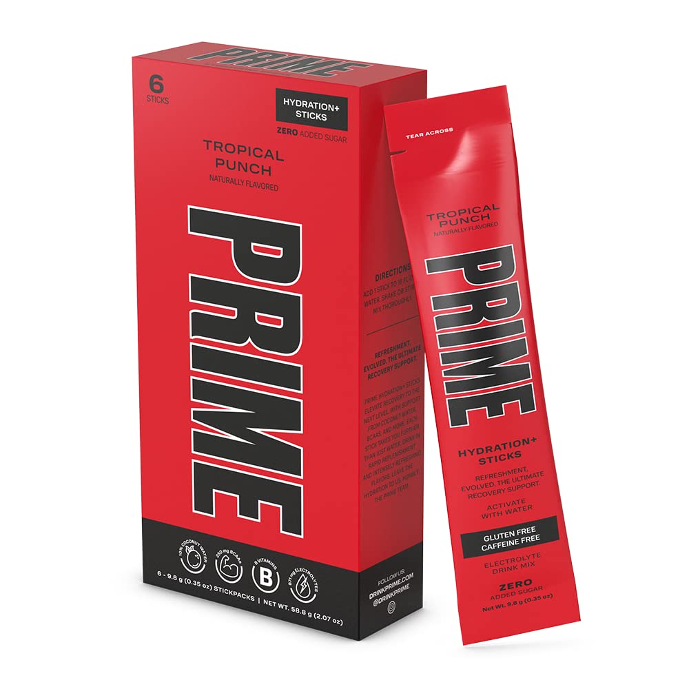 PRIME HYDRATION+ Sticks TROPICAL PUNCH - Electrolyte Powder Packets for Hydration On The Go | Low Sugar, Caffeine-Free, Vegan | 6 Single Serve Sticks | Perfect for Workouts, Travel & Outdoor Activities