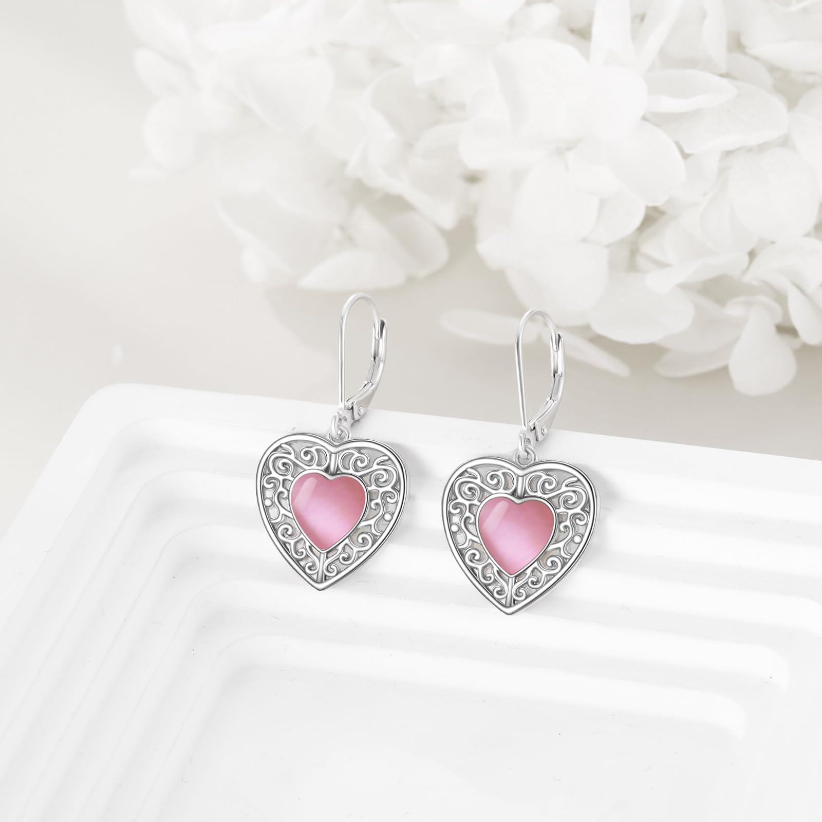 Heart Onyx/Peridot/Pink Moss Agate/Turquoise/Lapis Lazuli Sterling Silver Filigree Leverback Dangle Earrings - Elegant Black Onyx Heart Jewelry Gift for Women, Perfect for Valentine's Day, Anniversary & Special Occasions