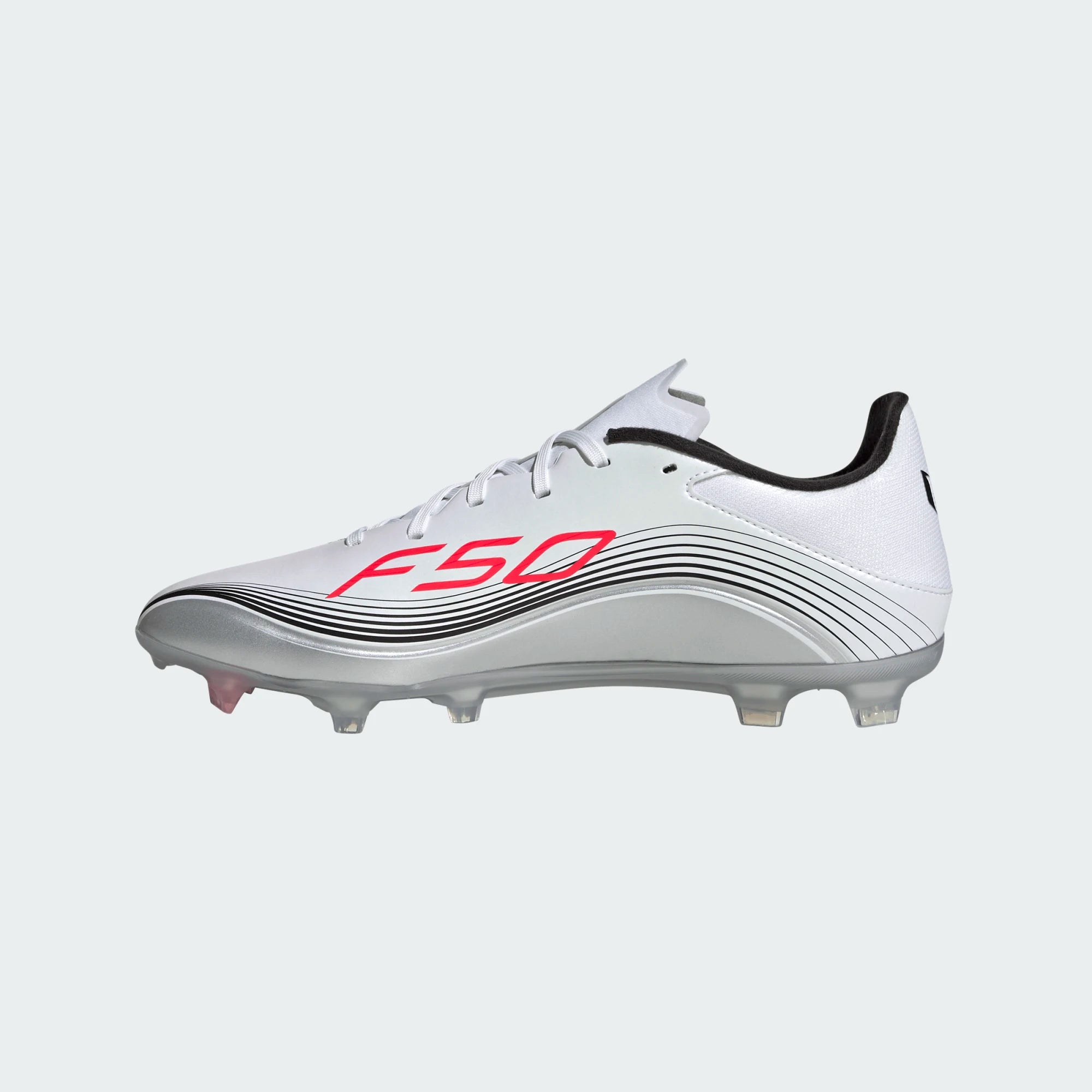 adidas F50 Messi League FG/MG Soccer Cleats - White/Lucid Red/Silver Metallic | Lightweight Football Shoes for Men | Perfect for Turf & Artificial Grass Fields
