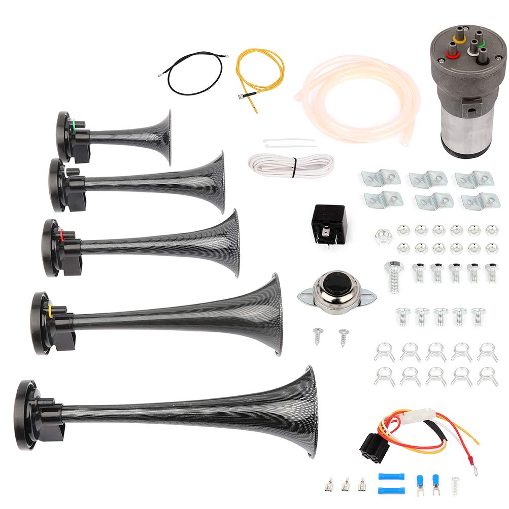 5 Trumpet Electric Air Horn with Compressor - 12V Loud Train Sound for Trucks, Cars, SUVs & Boats - Heavy Duty Vehicle Replacement Horn - Black (Perfect for Emergency Alerts & Off-Road Adventures)