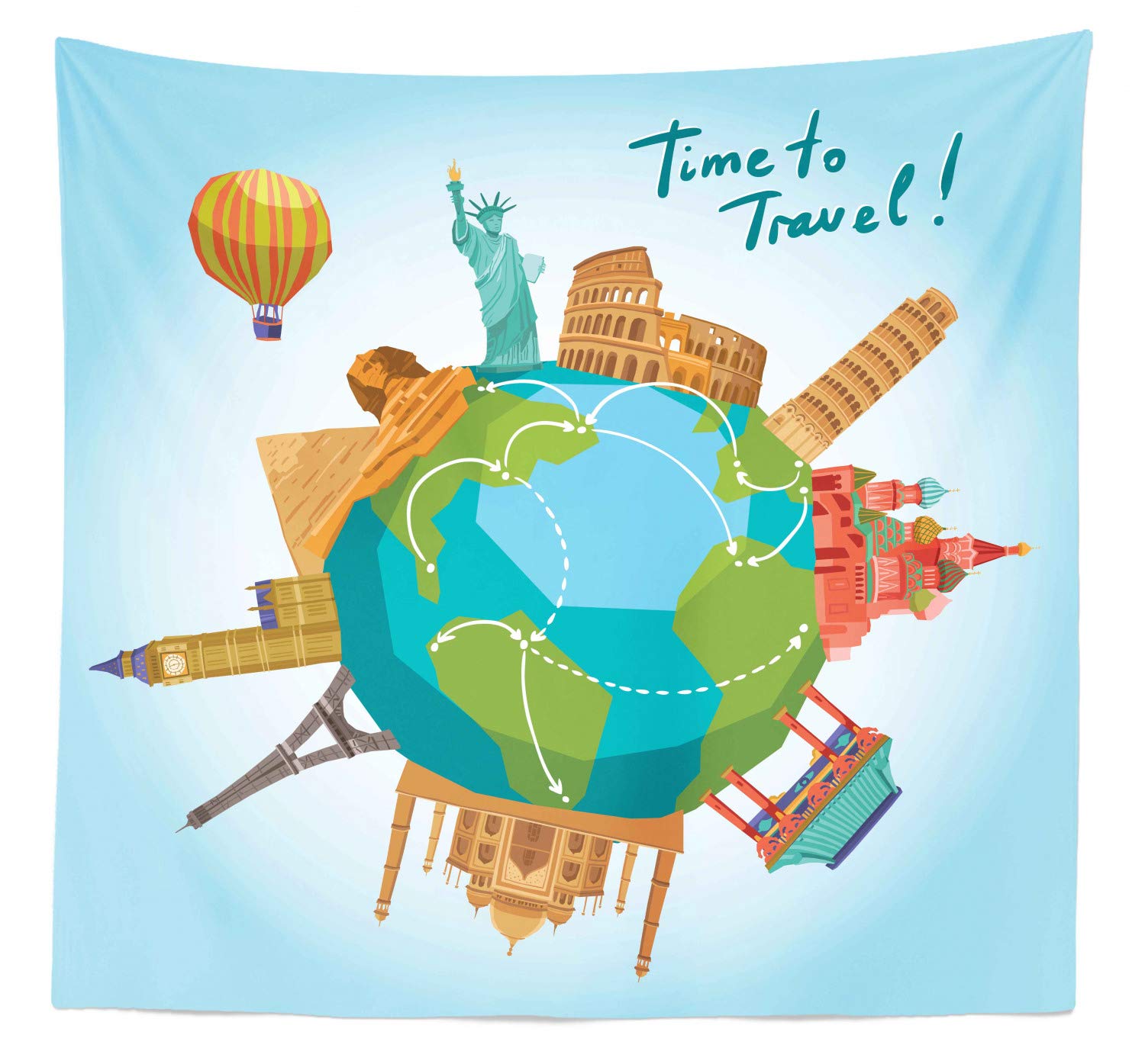 Ambesonne Queen Size Travel Tapestry - World Landmarks & Hot Air Balloon Design Wall Hanging - 88x88 Inch Multicolor Bedspread, Bed Cover & Wall Decor for Bohemian Bedroom, Dorm Room or Festival Camping