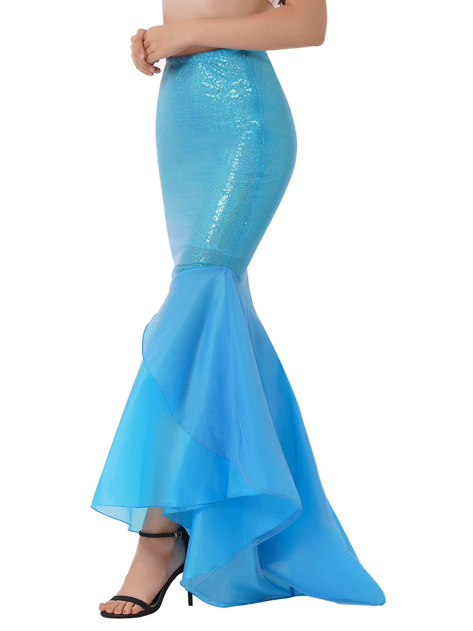 Women's Blue Mermaid Tail Halloween Costume - Sparkling Sequins Princess Maxi Skirt with Asymmetric Hem for Cosplay, Party & Dress Up | Perfect for Halloween, Themed Parties & Mermaid Costume Events