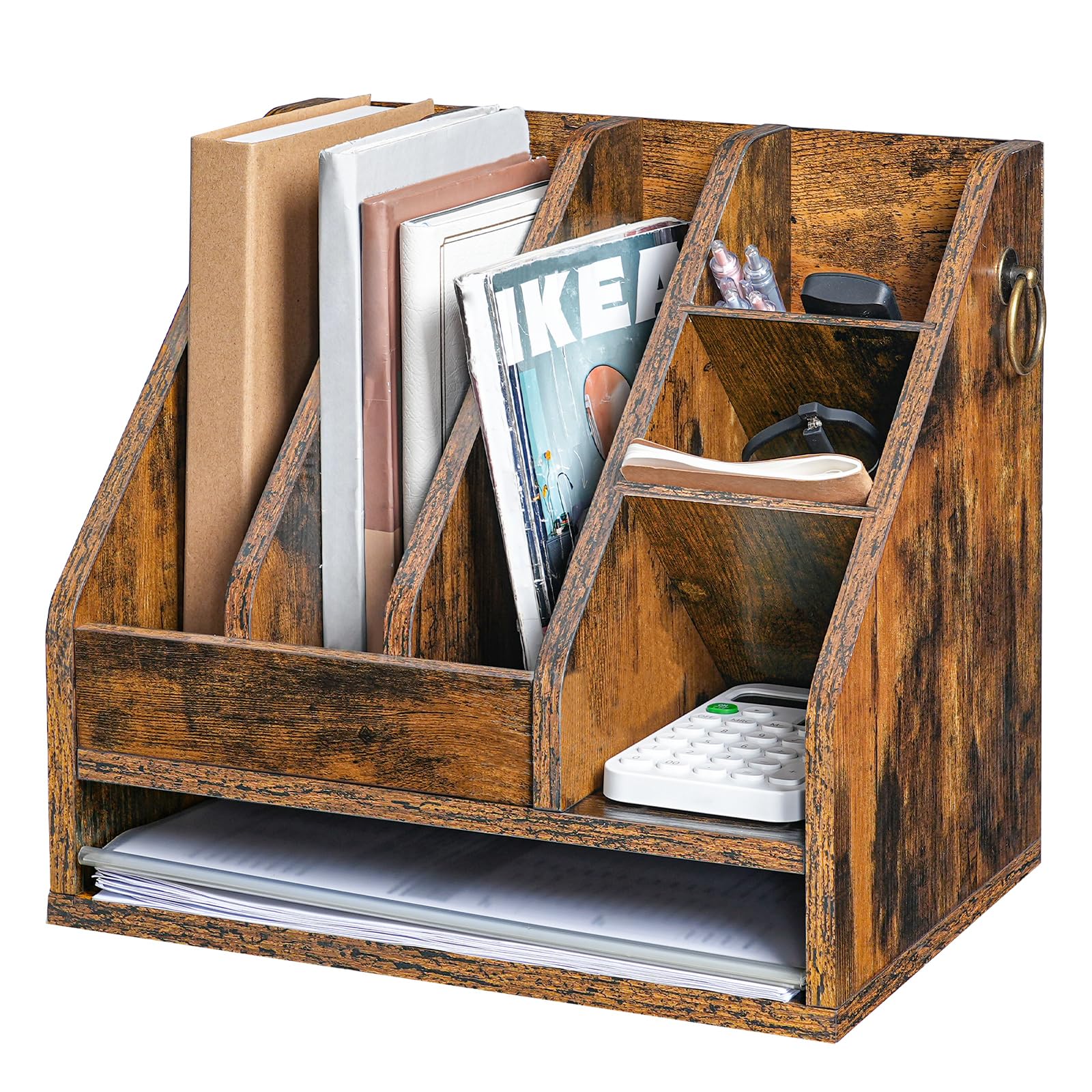HOOBRO Wooden Mail Sorter with 3 Vertical File Holders & Bottom Tray - Rustic Brown Desktop Organizer for Folders, Letters, Office Supplies | Perfect for Home Office, Workspace & Mail Organization (FG33WF01)