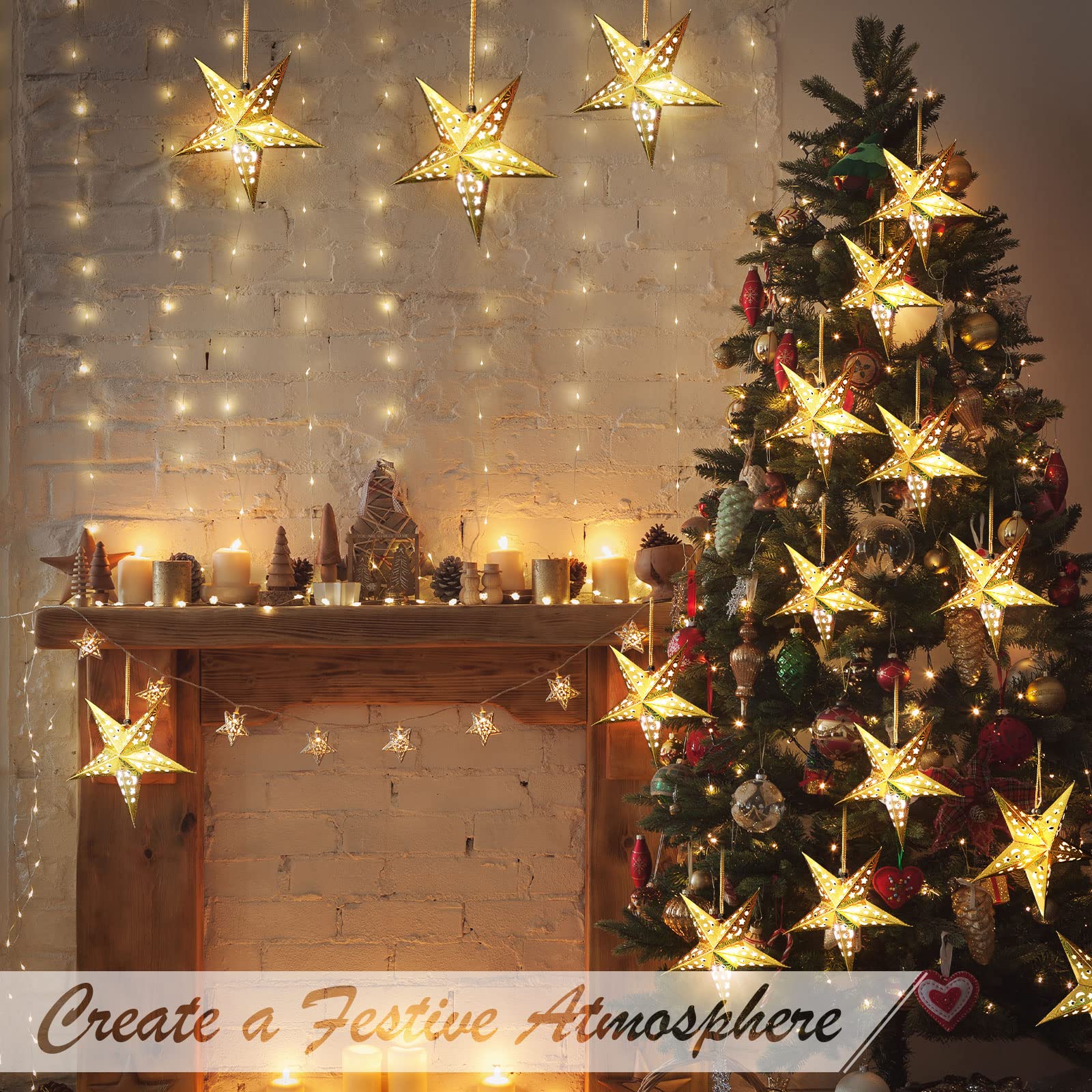 10 Pack 3D Christmas Paper Star Lanterns with LED Lights - Hanging Party Decorations for Xmas, Independence Day, Home, Wedding & Outdoor Events
