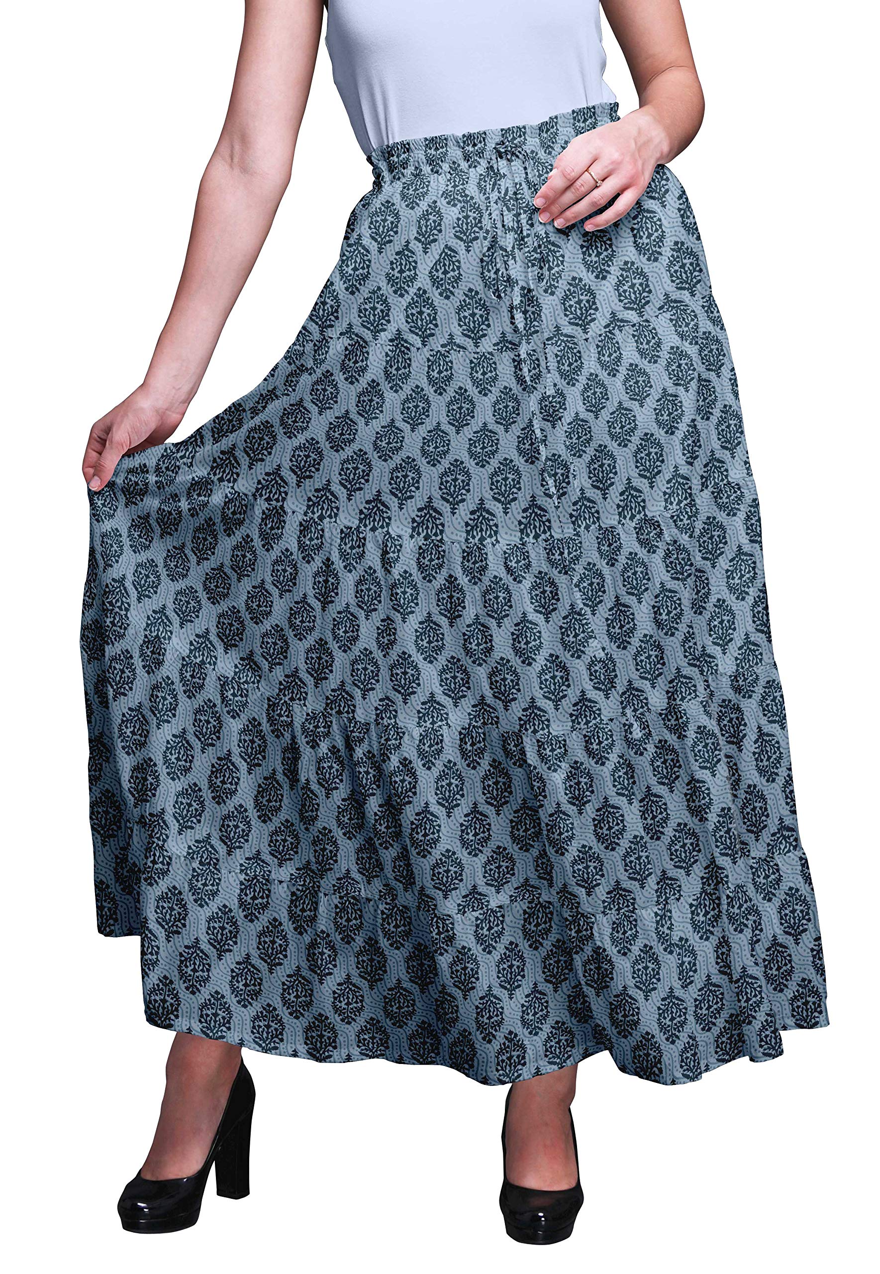 Bimba Printed Long 5-Tier Cotton Skirt for Women - Boho Maxi Skirt with Floral Design - Perfect for Beach, Vacation, and Summer Outfits