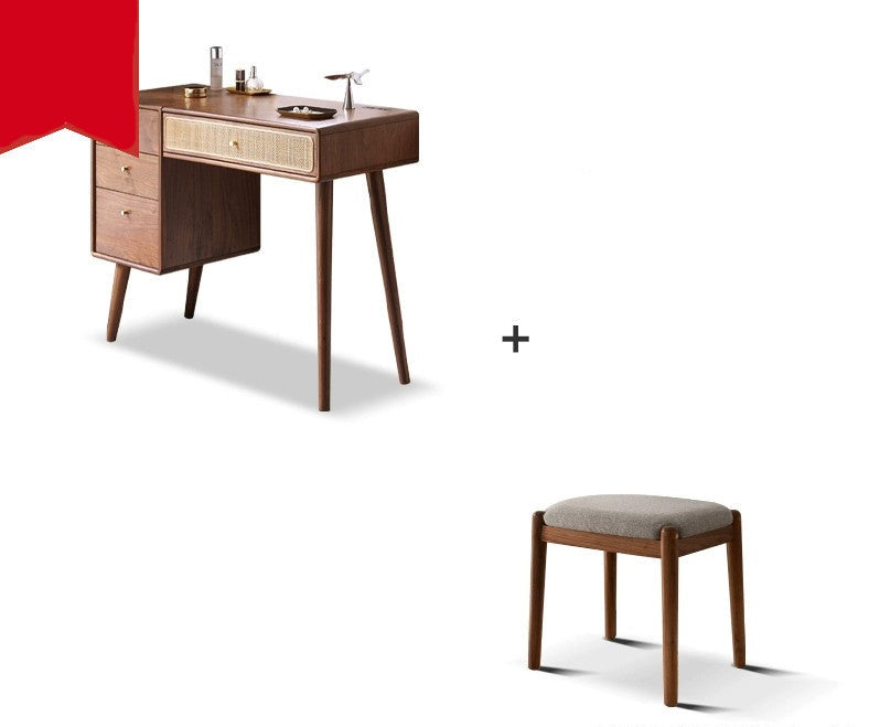 Premium Black Walnut Solid Wood Rattan Vanity Dressing Table - Elegant Makeup Desk with Mirror for Bedroom, Bathroom & Boudoir Organization
