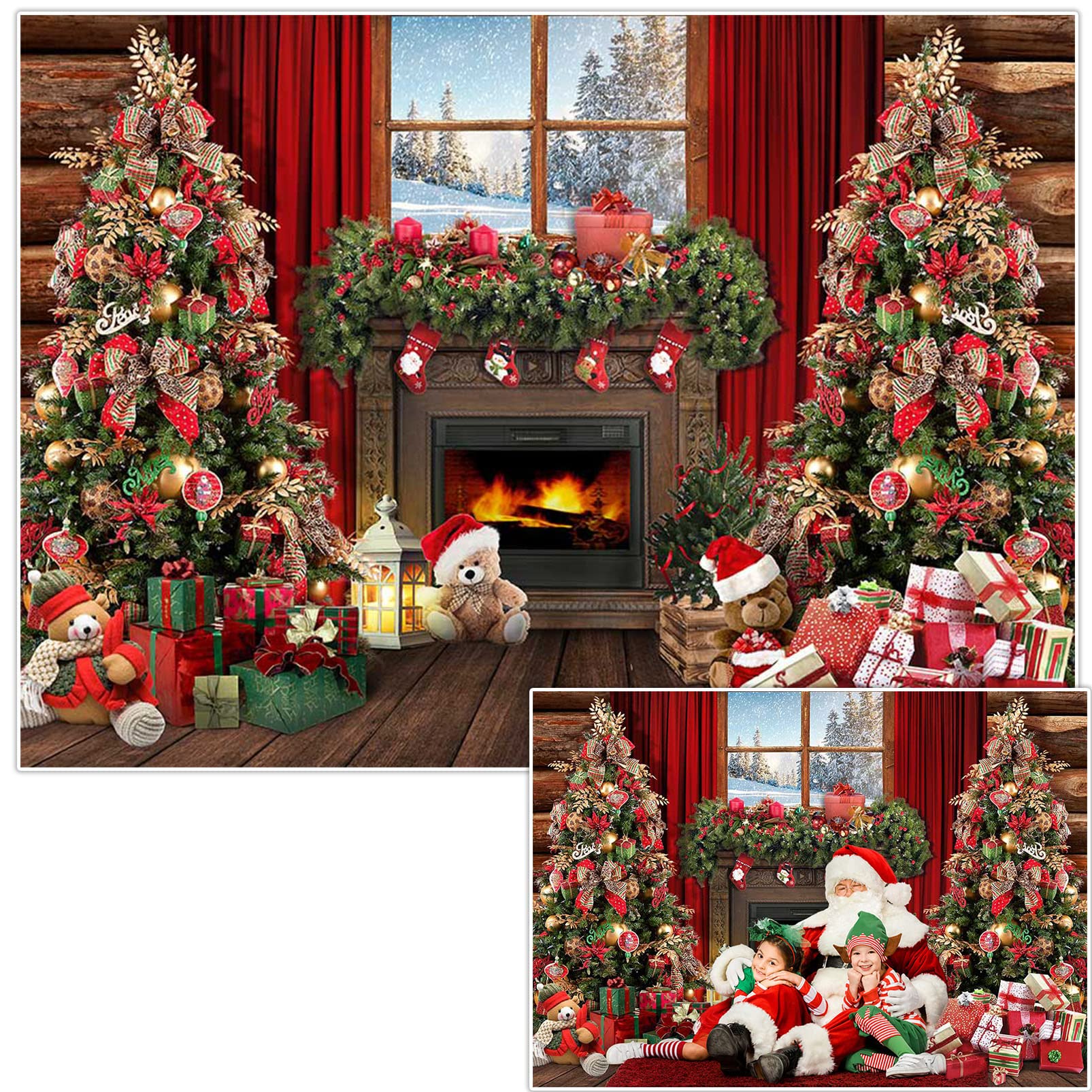 Rustic Wood Window Christmas Fireplace Backdrop - 7x5ft Holiday Photo Booth Props for Xmas Tree Gifts, Family Pictures & Festive Decorations | Perfect for Christmas Photography, Home Decor & Social Media Content