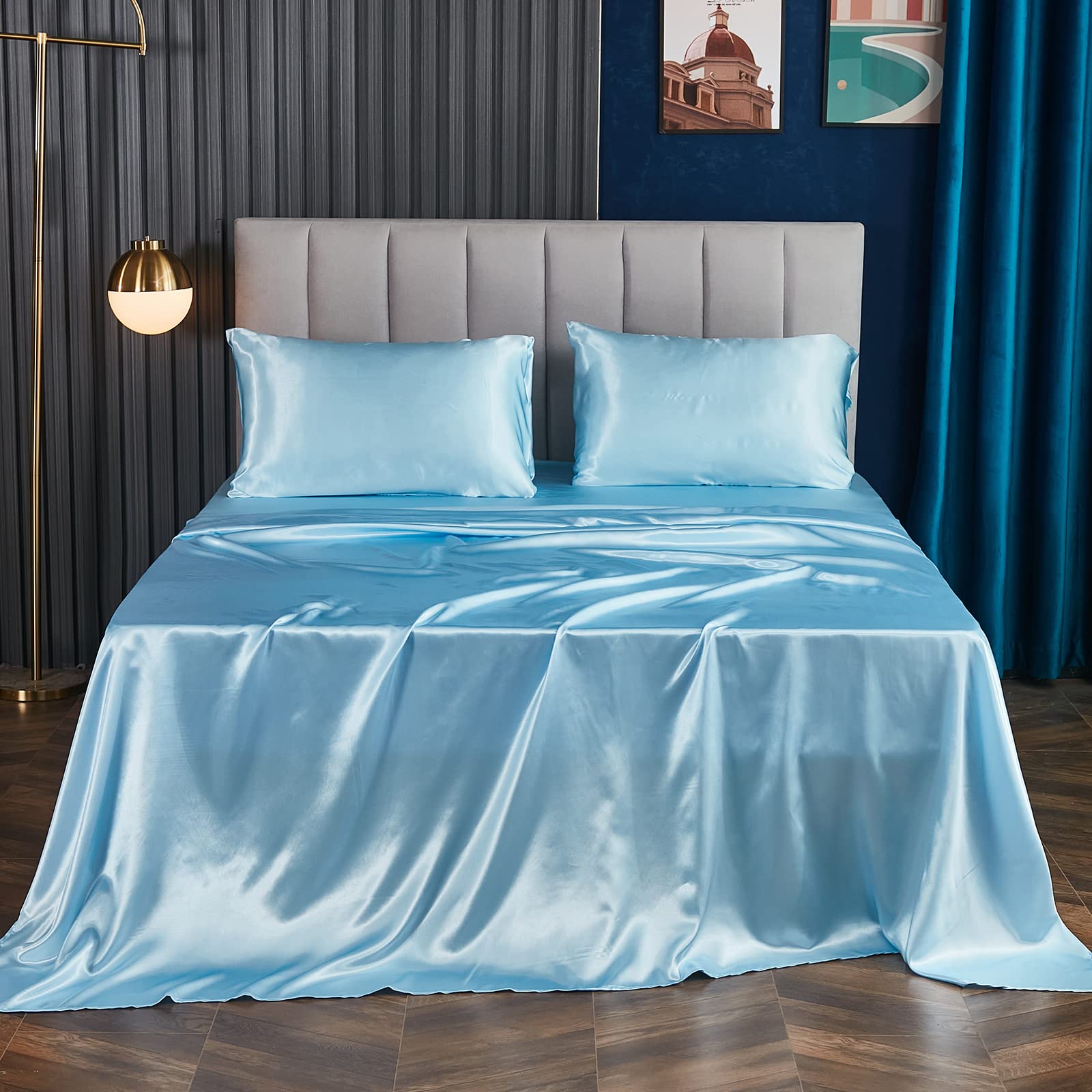 Luxury Satin Sheet Set Queen Size - 4PC Blue Silky Bedding for Home & Hotel