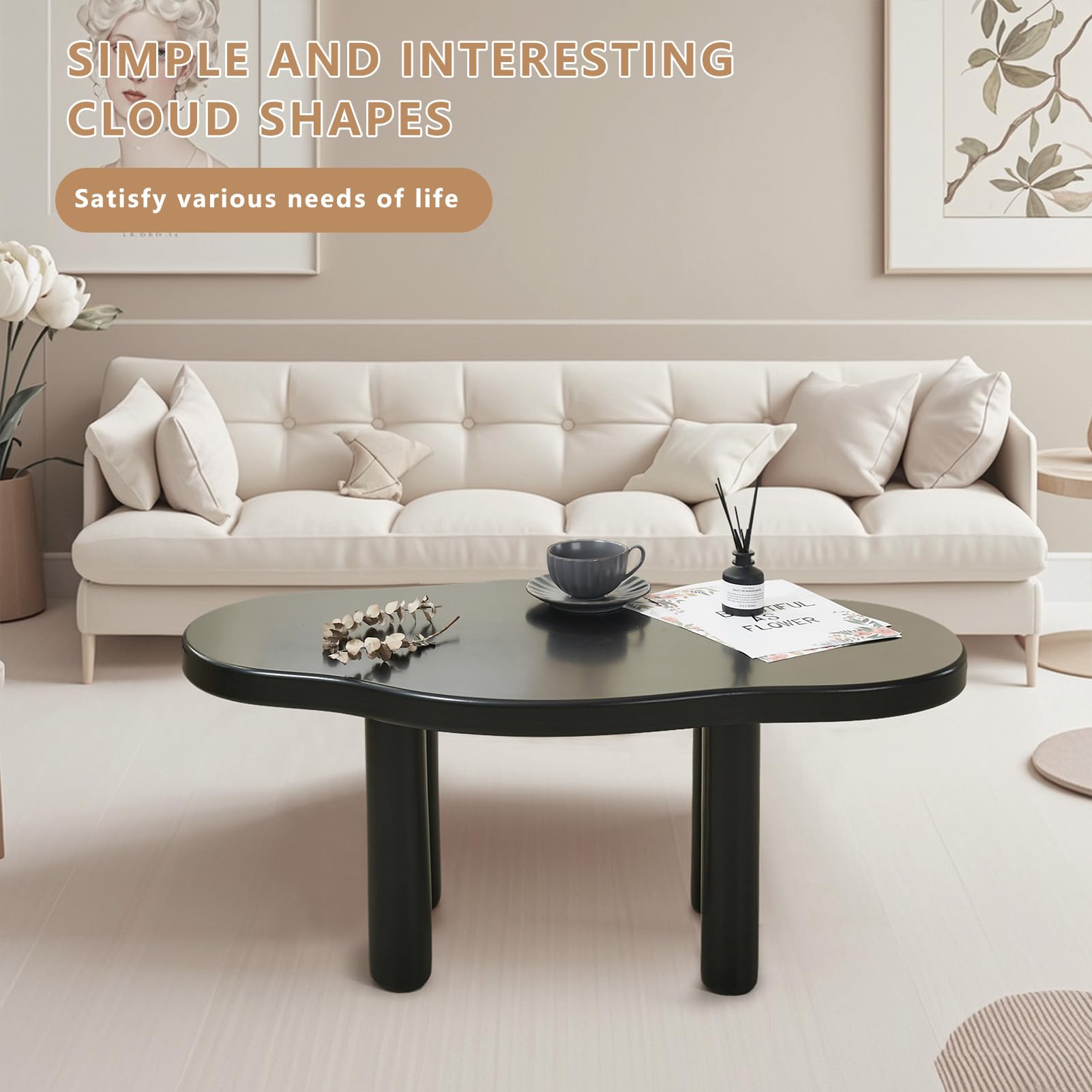 MAXYOYO Modern Irregular Shape Cloud Coffee Table with 4 Sturdy Legs - Stylish Black Accent Table for Living Room, Bedroom or Office Decor