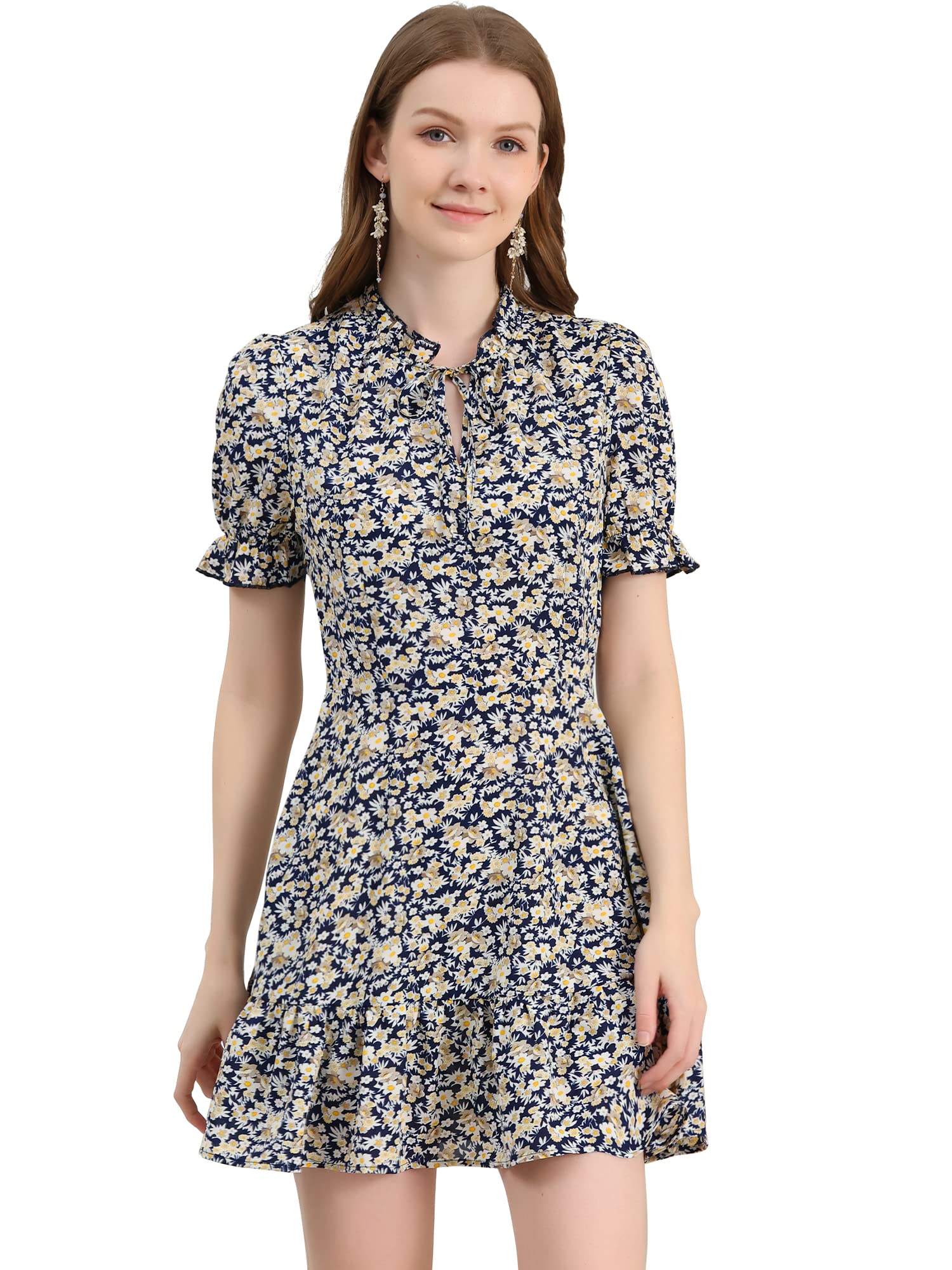Allegra K Women's Summer Floral Chiffon Dress with Ruffle Tie Neck & Puff Short Sleeves - Perfect for Beach Vacations, Garden Parties & Date Nights