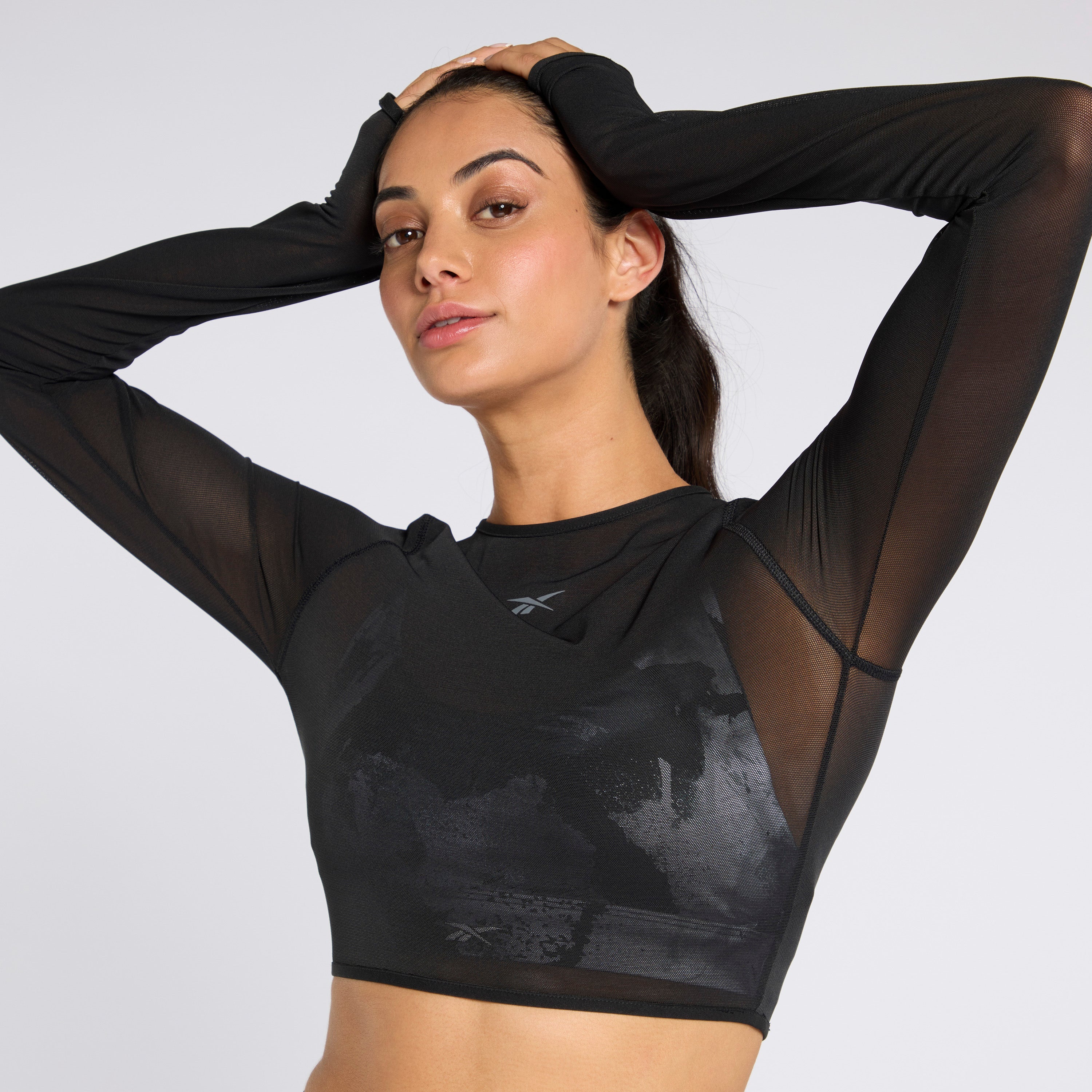 Black Studio Mesh Long Sleeve Top for Women - Breathable & Stylish Fashion Top for Casual Wear, Workout, and Layering