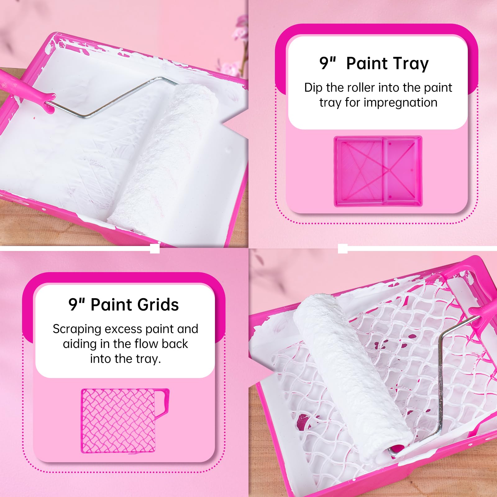 Premium Paint Roller Kit - 24PCS Pink Painting Supplies Set with 4 & 9 Inch Roller Frames, Covers, Brushes & Tray for Interior Walls - Perfect for Home DIY Projects & Professional Wall Painting