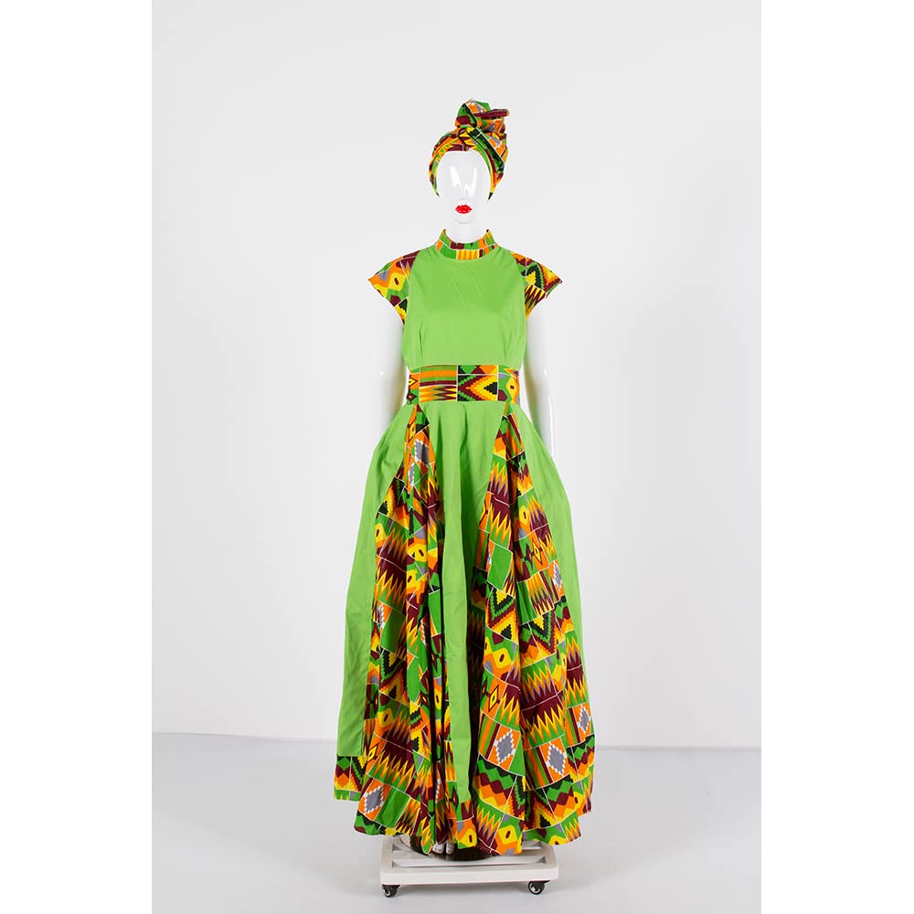 Stylish African Print Maxi Dress for Women - Sleeveless Party Dress with Matching Head Scarf - Plus Size Flowy Summer Dress for Weddings, Beach Vacations & Cultural Events