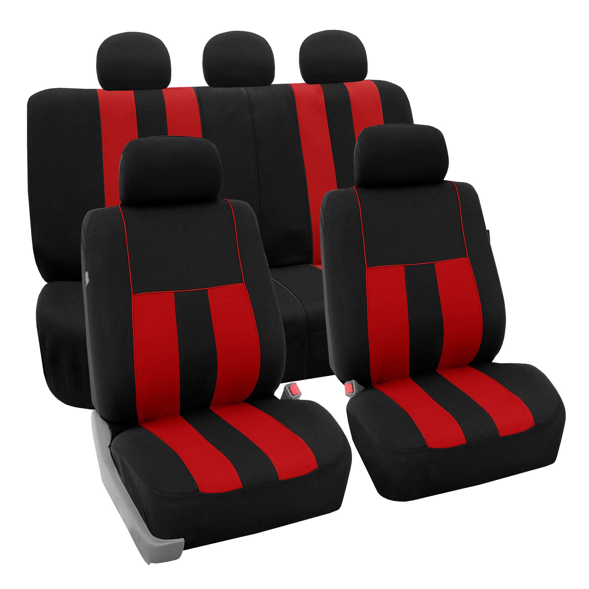 Premium FH Group Universal Car Seat Covers Full Set - Breathable Cloth Fabric, Airbag Compatible for Sedan, SUV, Van | Low Back Front & Split Bench Rear Seat Protectors | Perfect for Daily Commute, Road Trips & Family Travel (Red)