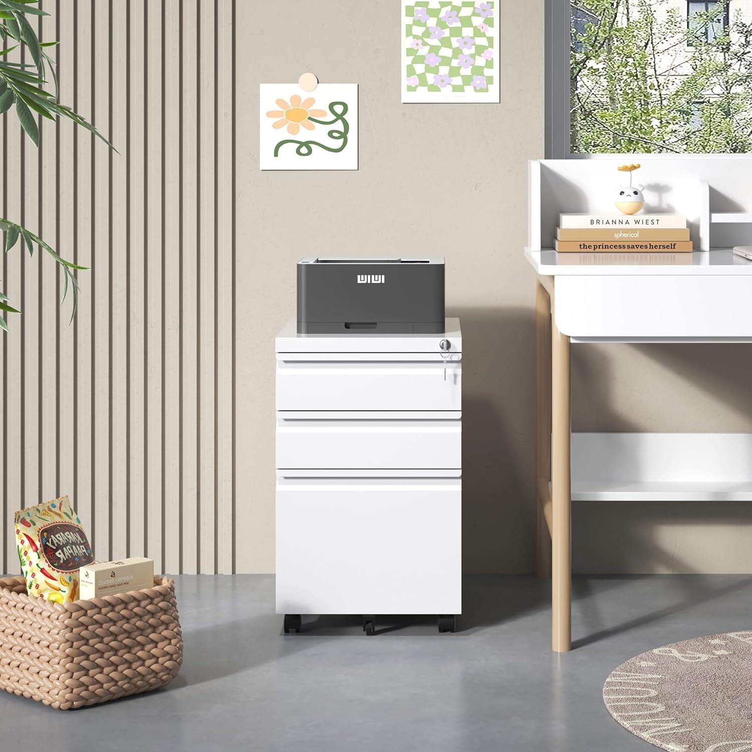 3 Drawer Locking File Cabinet for Home Office - Fully Assembled Mobile Storage for A4, Letter & Legal Size Documents - Under Desk Organizer for Papers, Folders & Office Supplies (White)
