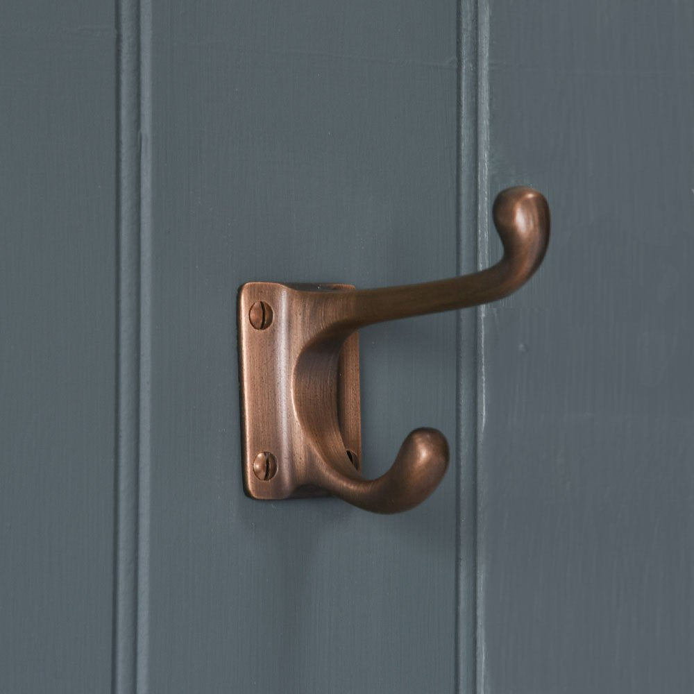 Vintage Distressed Antique Brass Double Coat Hook - Rustic Wall Mounted Hooks for Entryway, Bathroom & Bedroom Organization