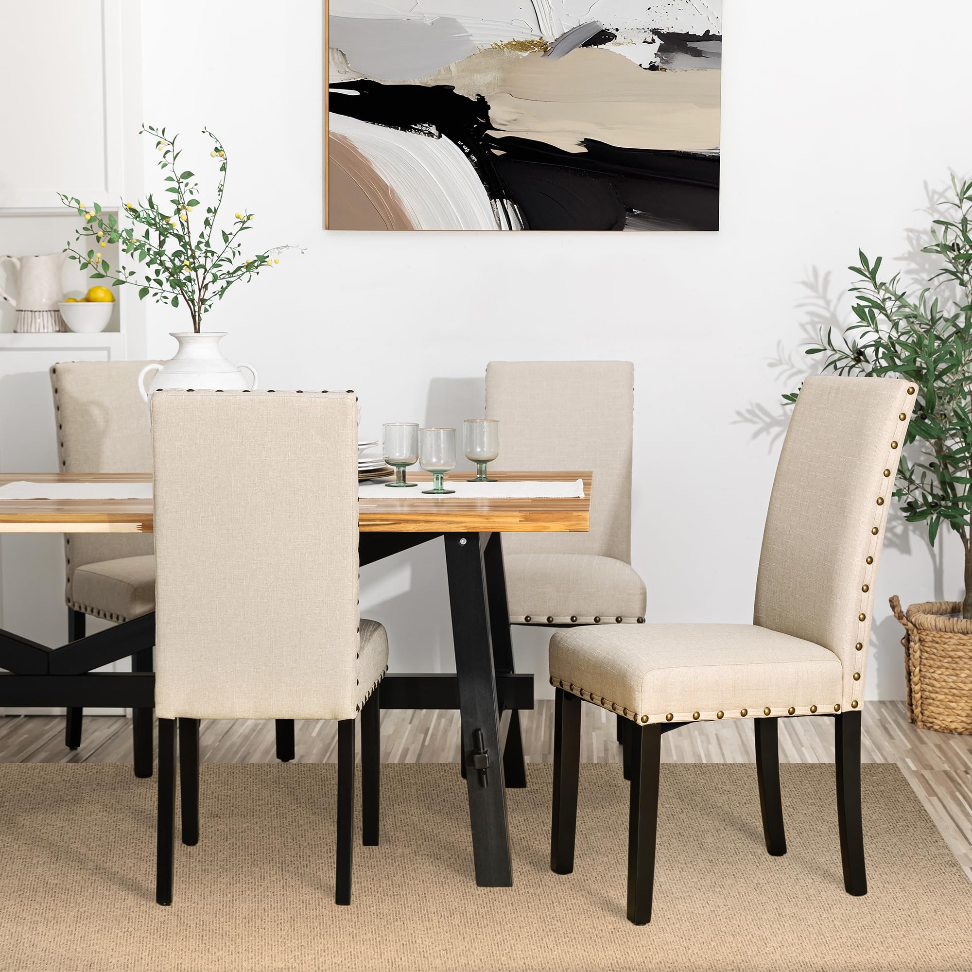 Glitzhome 4-Piece Fabric Dining Chairs with Rubberwood Legs - Modern Upholstered Kitchen Side Chairs in Beige | Perfect for Dining Room, Breakfast Nook & Small Space Decor