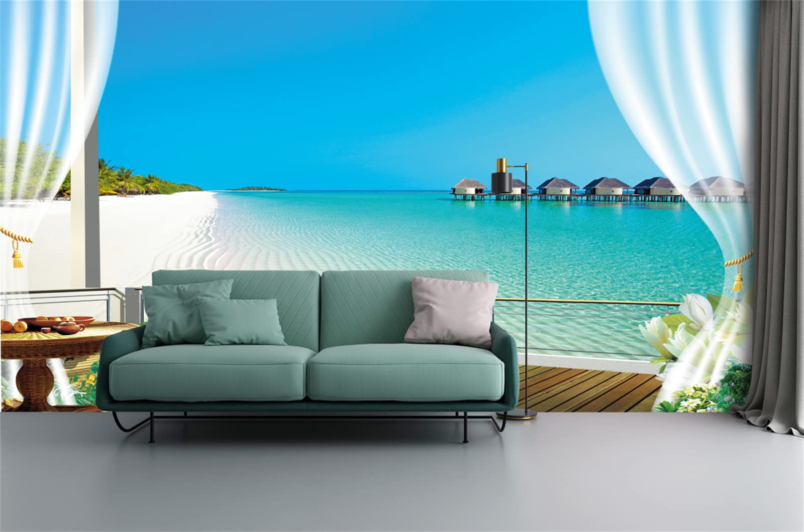 FLFK 3D Window View Peel and Stick Wall Mural - Beach Ocean Seascape Backdrop - Self-Adhesive Removable Wallpaper for Bedroom, Living Room, Office Decor (118