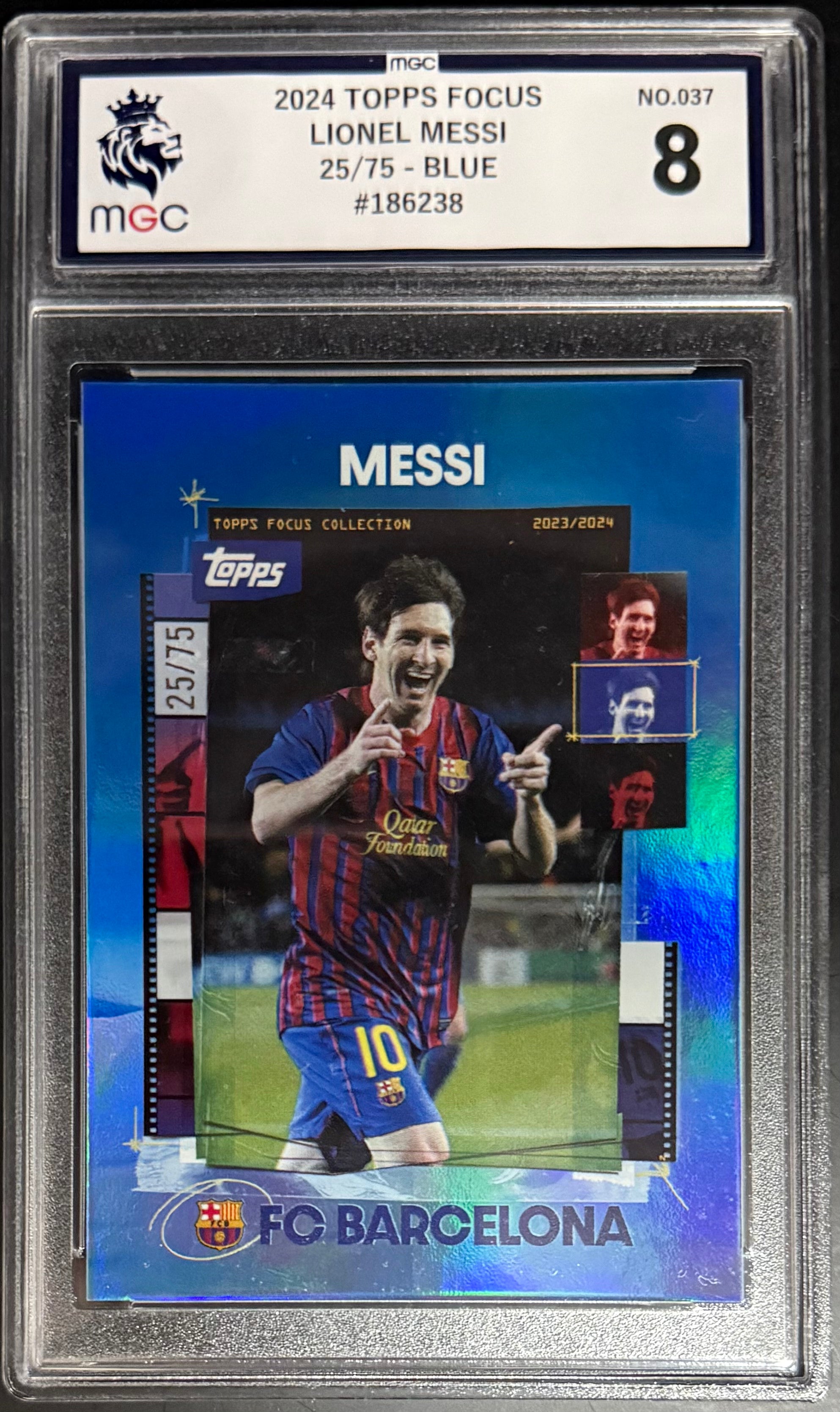 Rare Topps Lionel Messi Blue Parallel Card #/75 - 2024 FC Barcelona Focus MGC8 - Perfect for Soccer Collectors & Memorabilia Enthusiasts