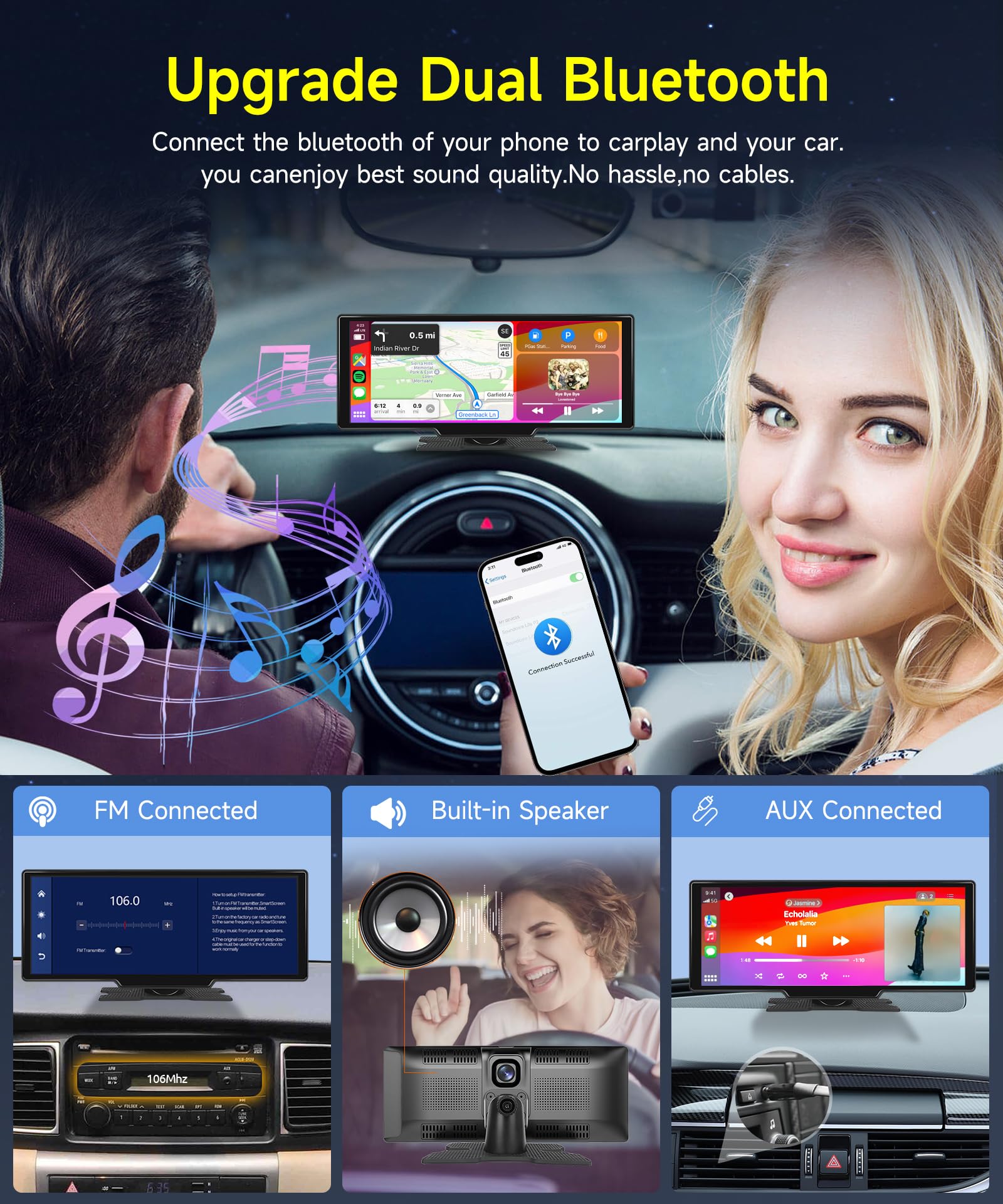 9.3 Inch Wireless CarPlay & Android Auto Touchscreen Car Stereo with 2.5K Front/Rear Dash Cam, 64GB TF Card, Dual Bluetooth, GPS, AUX & FM Transmitter - Portable IPS Display for Safer Driving & Hands-Free Navigation