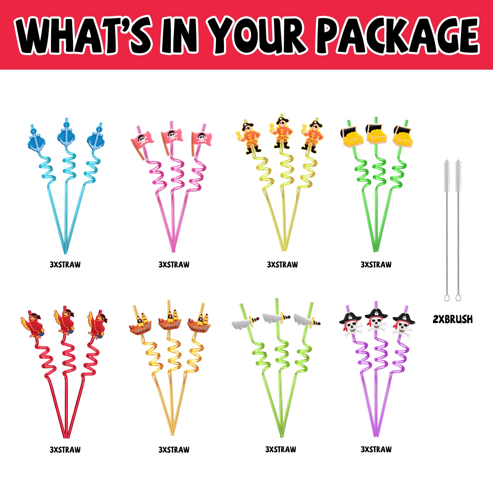 24 Pack Reusable Plastic Pirate Straws for Themed Birthday Parties - Includes 2 Cleaning Brushes - Perfect for Pirate Decorations, Kids' Parties & Halloween Events